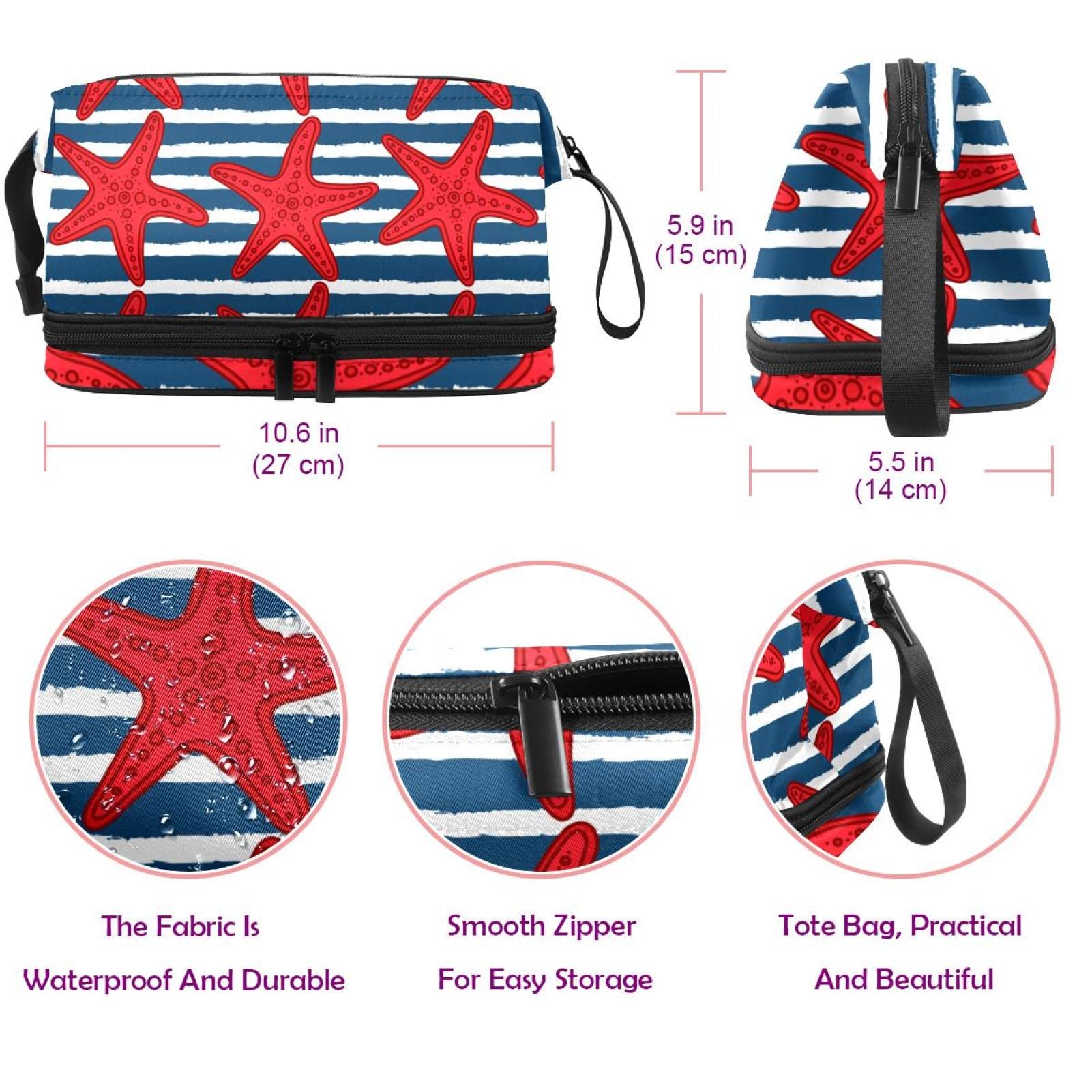 Waterproof Large Makeup Bag for Women - Travel Cosmetic Organizer with Brush Holder, Cute Cartoon Sea Life Starfish Striped Design - Perfect for Summer Beach Trips, Gym & Daily Essentials Storage