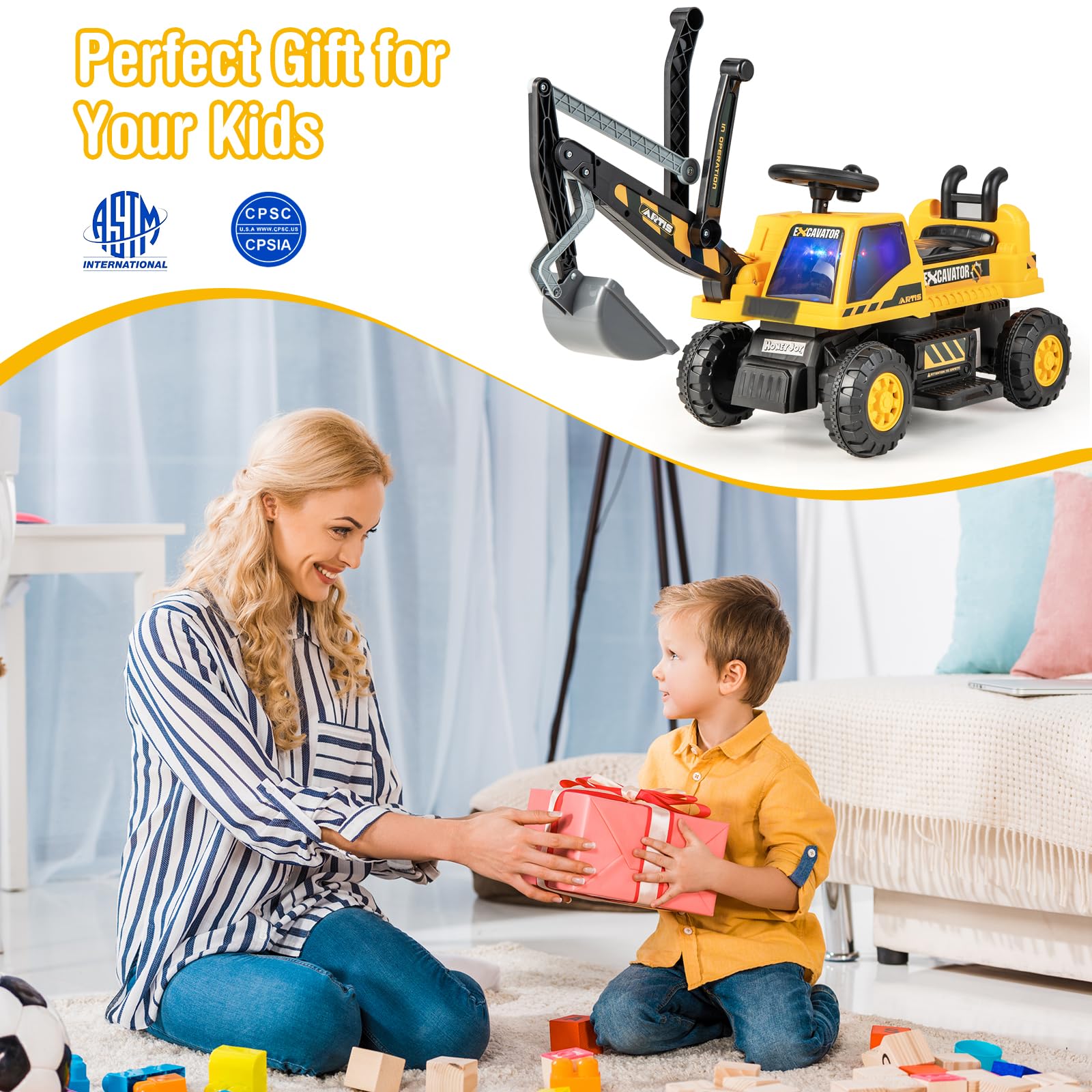 GOPLUS Kids Electric Excavator Toy with Pedals & Flexible Shovel - Yellow Ride-On Toy with Hidden Storage Space - Best Gift for 3+ Year Old Boys & Girls - Perfect for Indoor Play, Outdoor Sandbox Fun & Construction Pretend Play