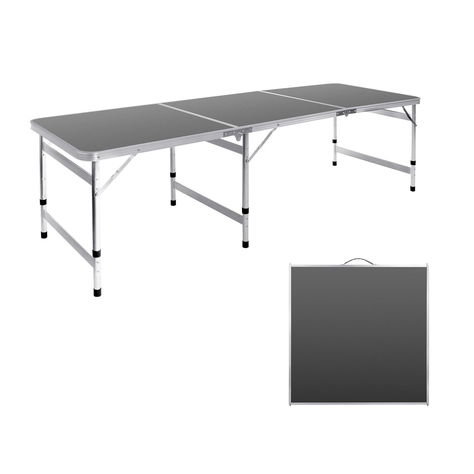 6FT Folding Camping Table - Adjustable Height (27/24/21 inch) Portable Aluminum Picnic Table for Outdoor, BBQ, Tailgating & Beach (Black, 71 x 23.6 inches) - Perfect for Camping, Backyard Parties & Picnics