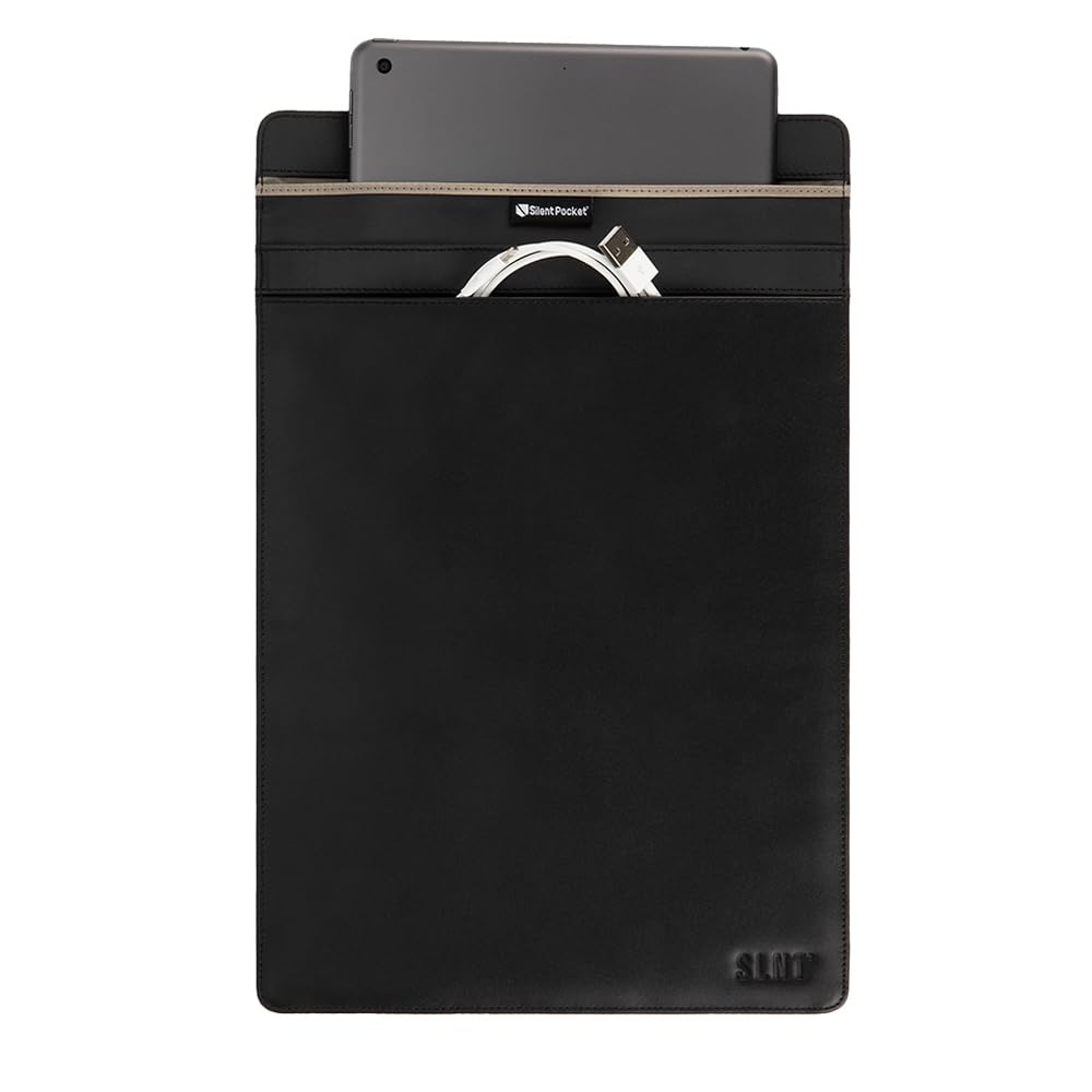 Premium Faraday Bag Leather Tablet Sleeve with Signal Blocking Technology - Anti-Tracking RFID Shielding for iPad, Samsung Galaxy Tab, Most 10-13 Inch Tablets | Travel Privacy Protection, Business Security, EMF Radiation Shielding (Black Leather, X-Large)