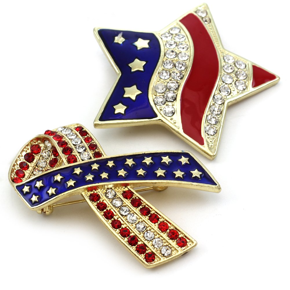 Breast Cancer Awareness Ribbon & Star Brooch - Patriotic USA Flag Pin Set for Independence Day, Memorial Day & Everyday Wear - Perfect for Lapels, Jackets & Bags