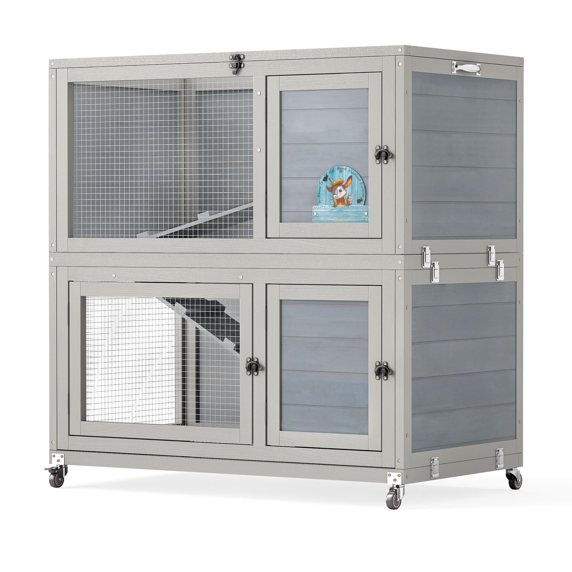 2-Story Wooden Rabbit Hutch - Weatherproof Indoor/Outdoor Bunny Cage with Wheels, Pull-Out Tray & Non-Slip Ramp - Grey Pet House for Rabbits, Guinea Pigs & Small Animals - Perfect for Backyard, Garden or Patio Use