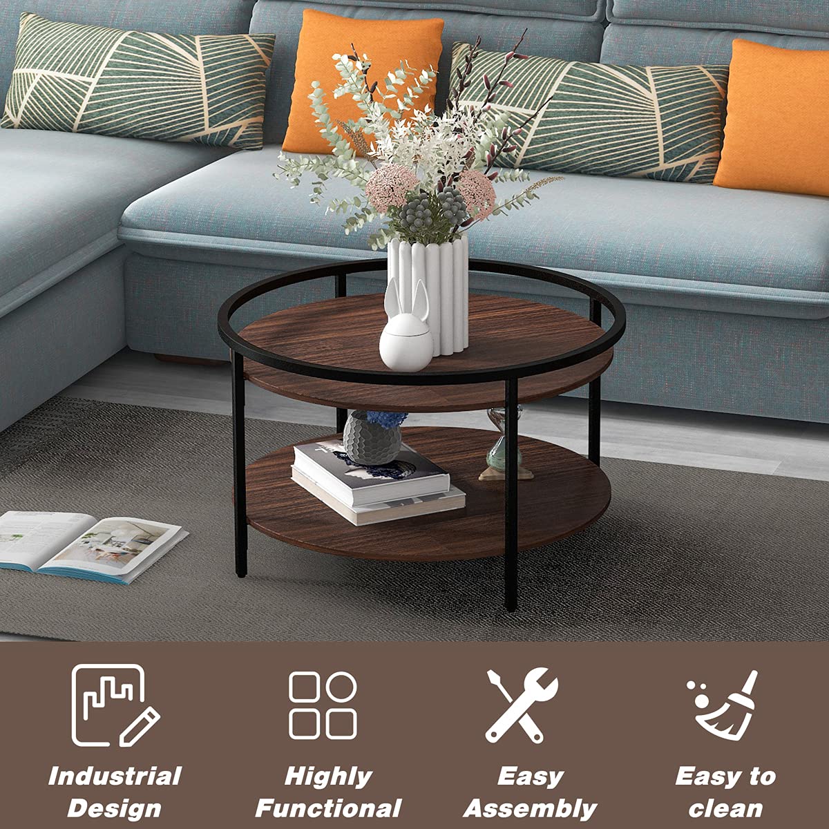 Modern Industrial Round Coffee Table with Sink Top - Brown Wooden Living Room Furniture for Small Spaces, Apartments & Lounge Decor