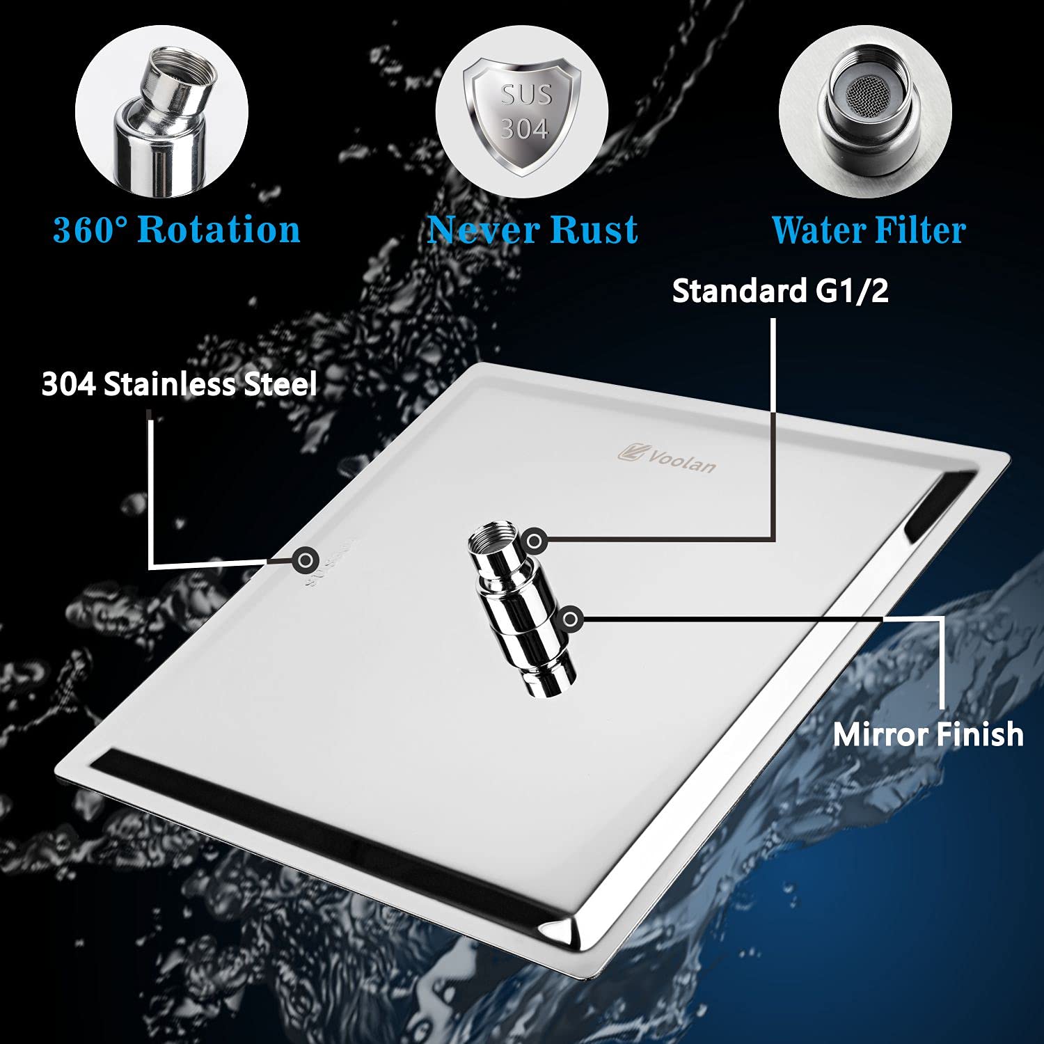 Voolan 8 Inch High Pressure Rain Shower Head with 6 Inch Shower Arm and Flange, 304 Stainless Steel Water Saving Showerhead for Relaxing Spa-Like Experience - Perfect for Bathroom, Master Suite and Low Water Pressure Homes