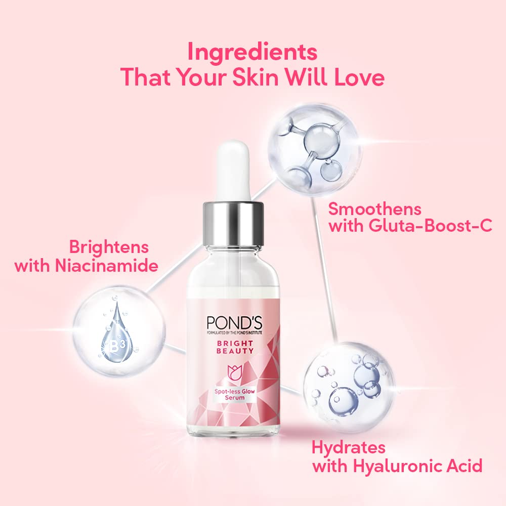 Pond's Bright Beauty Spot-less Glow Serum 30ml & Oil-Free Face Moisturizer 73g with Hyaluronic Acid & Vitamin E - Daily Skincare for Fresh Glowing Skin & 24-Hour Hydration - Perfect for Morning & Night Routine, Travel & On-the-Go Use