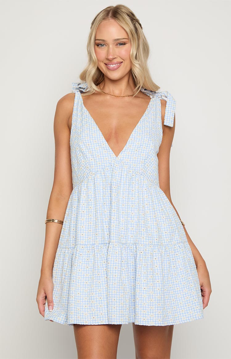 Angel Girl Blue Gingham Floral Mini Dress - Summer Casual Sundress for Women, Perfect for Beach, Picnic & Date Night Outfits