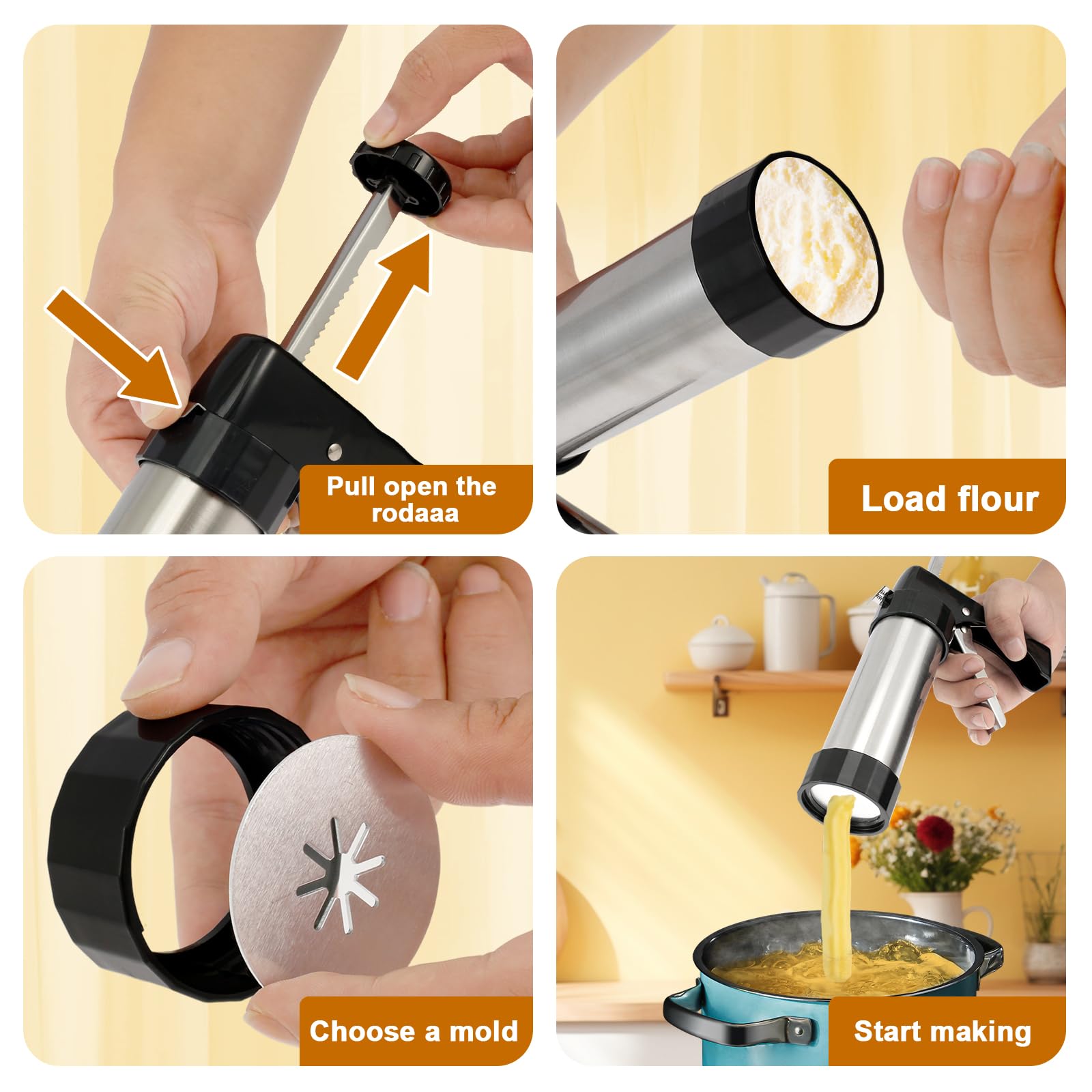 Stainless Steel Churro Maker Machine Kit with 3 Nozzle Tips & Piping Bag - Easy to Clean Hollow Churro Gun with Sponge Brush - Perfect for Home Baking, Parties, and Spanish Dessert Making