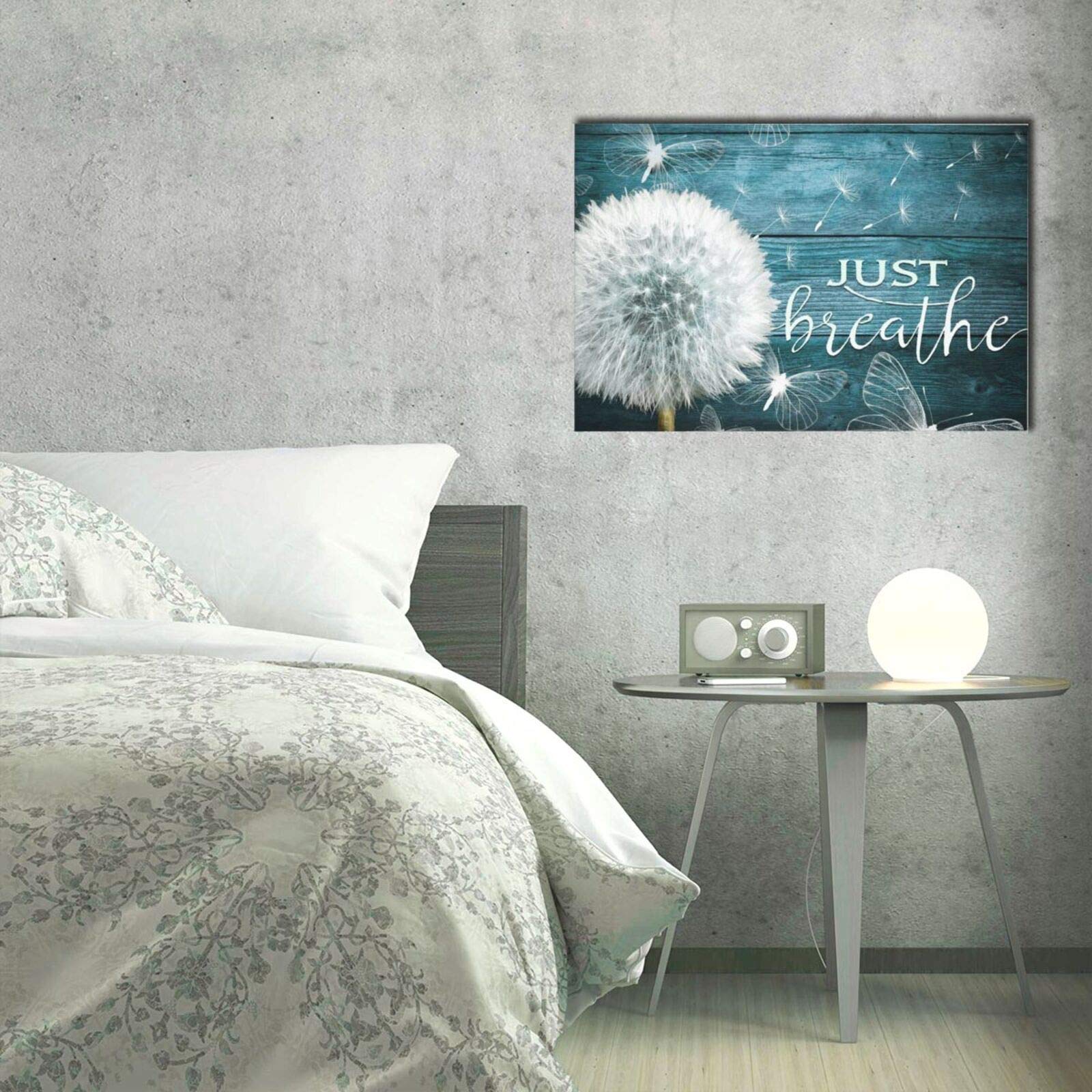 BOLDROLE Just Breathe Teal Dandelion Canvas Wall Art - 16x24 Inch Framed Ready to Hang Floral Print for Living Room, Bathroom, Bedroom & Office Decor - Perfect for Home, Spa or Meditation Space
