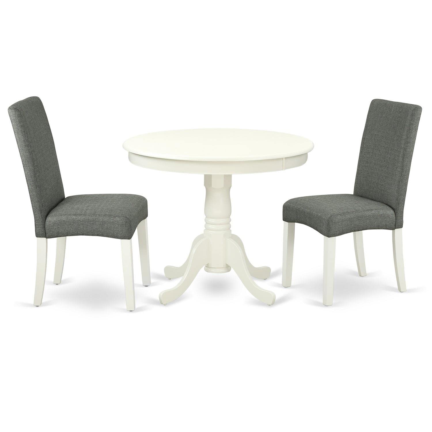 East West Furniture 3-Piece Modern Dining Room Set - 36x36 Inch Round Pedestal Table with 2 Gray Linen Parsons Chairs, White Linen Finish | Perfect for Small Spaces, Breakfast Nooks & Contemporary Kitchens
