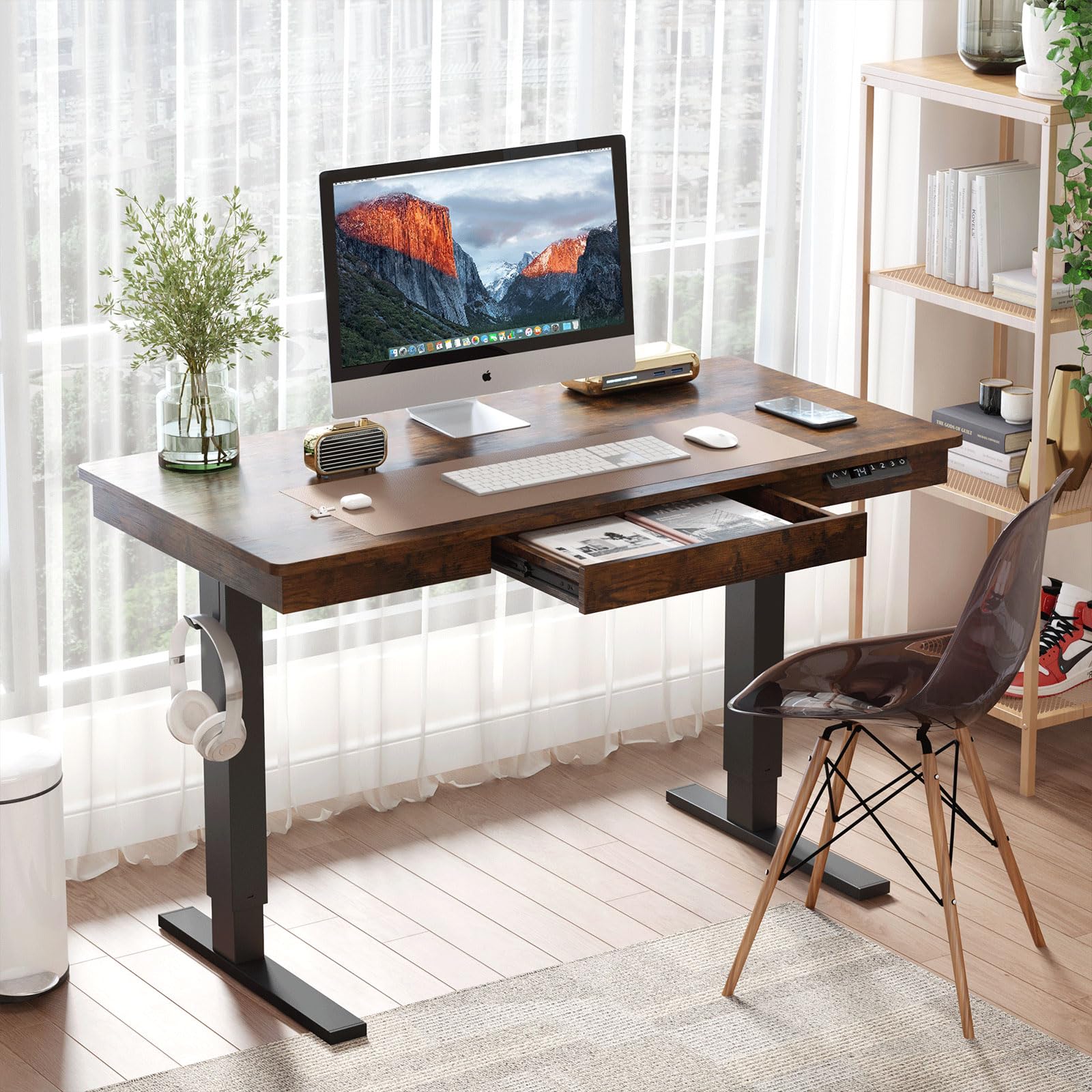 48 x 24 Inches Electric Standing Desk with Drawer & 12W Wireless Charging - Adjustable Height One-Piece Wooden Desktop for Home Office (Sit to Stand Workstation, Perfect for Remote Work & Small Spaces)
