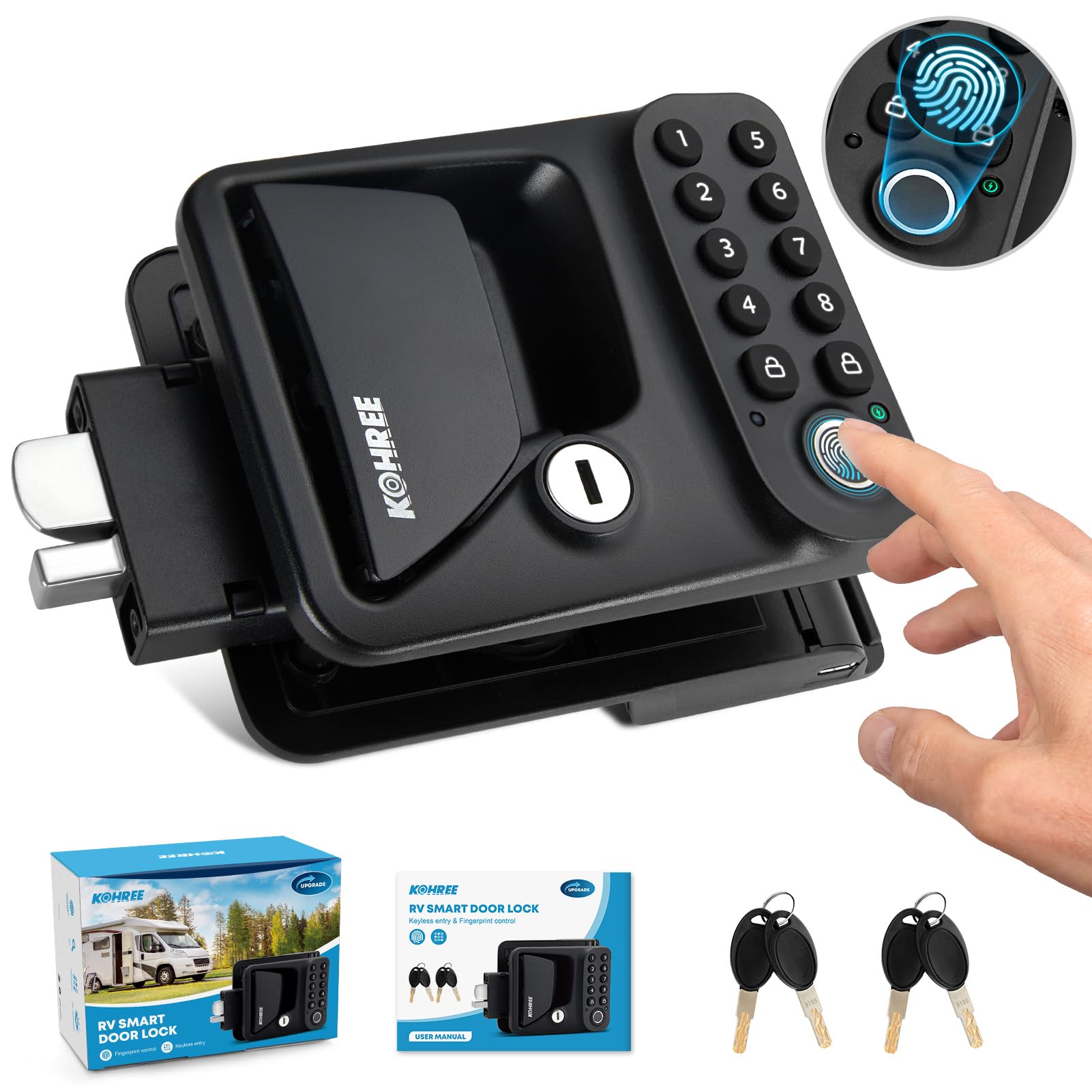 Upgraded RV Keyless Entry Door Lock - Fingerprint & Keypad Smart Lock for Camper, Waterproof IP66, Fits 2.75