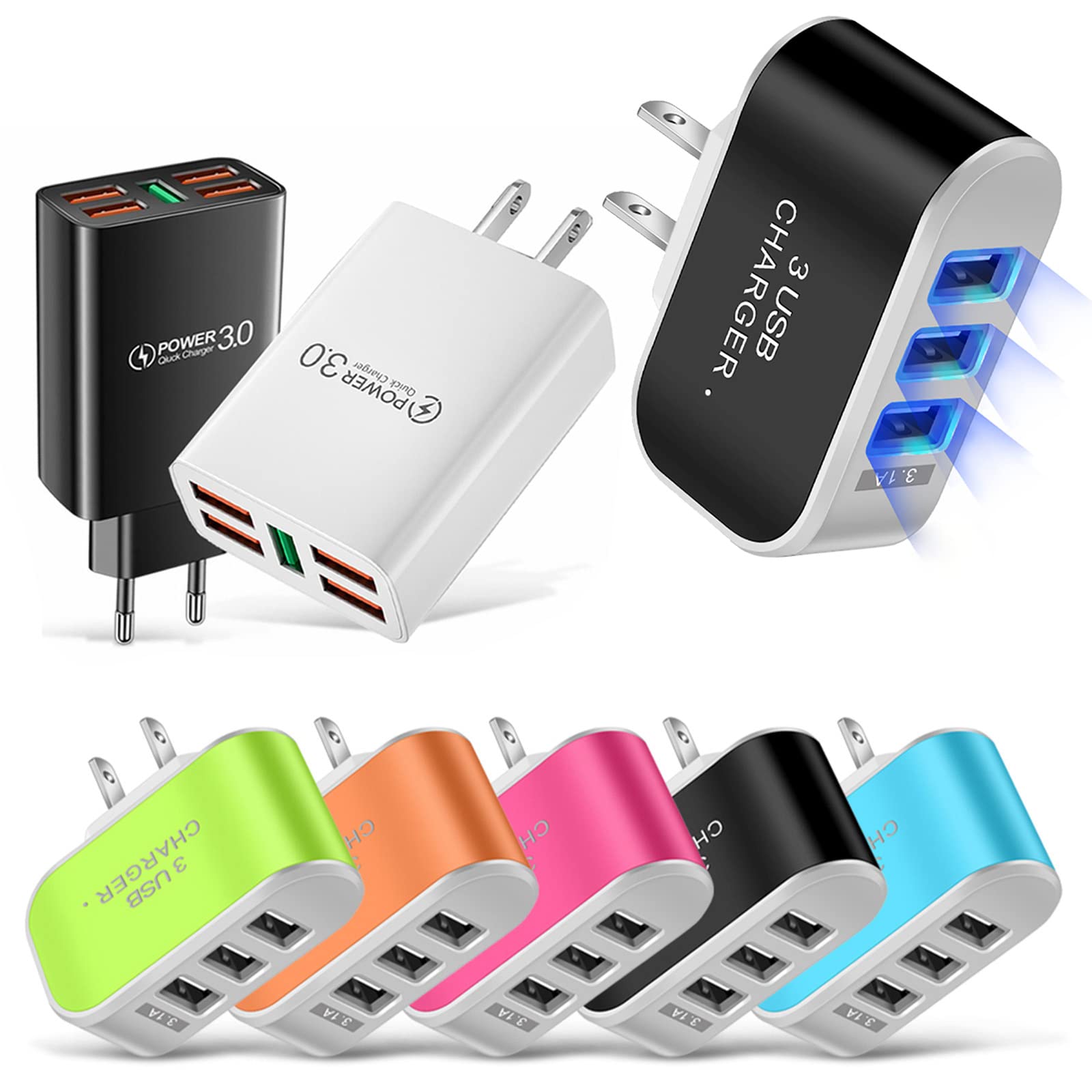 ULemeili 3/5 Port USB Wall Charger with LED Indicator - QC 3.0 Fast Charging Adapter for iPhone, iPad, Samsung - Multi Port Travel Charger Block (Black) - Perfect for Home, Office & Travel Use