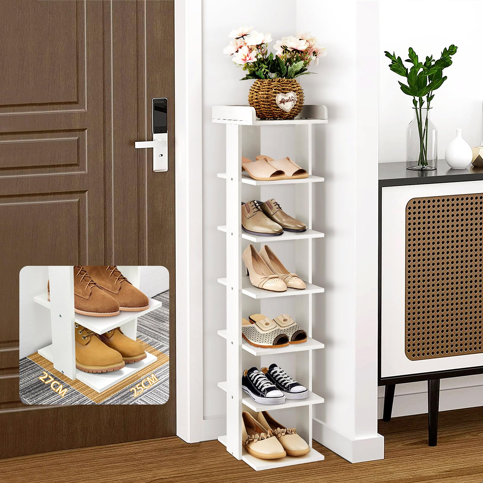 7-Tier Narrow Shoe Rack Organizer - Tall Vertical Shoe Storage Cabinet, Slim Wooden Shelf for Entryway, Hallway & Closet - Quick Assembly Free Standing Shoe Tower (White) - Perfect for Small Spaces & Apartment Living