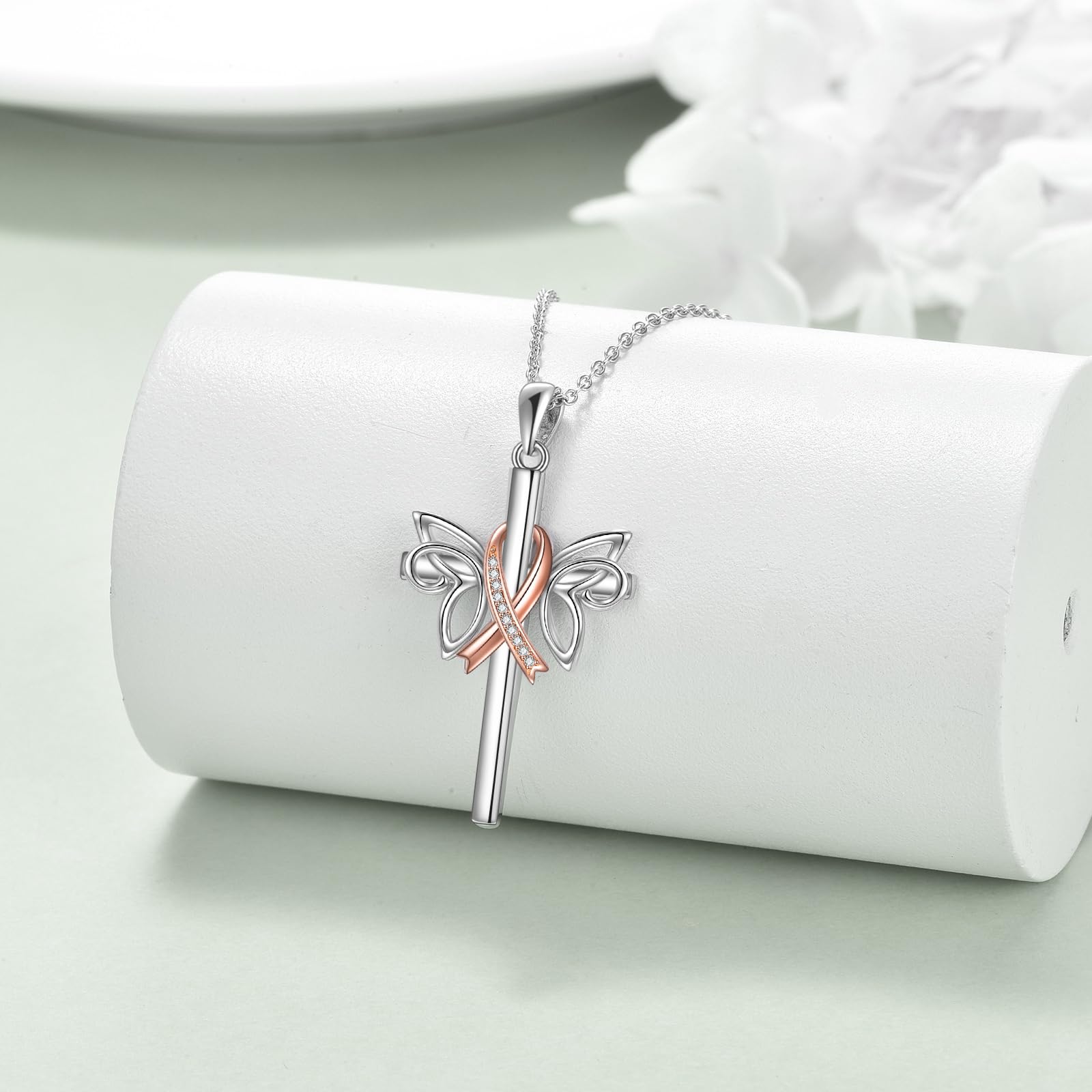 Sterling Silver Pink Ribbon Pendant Necklace - Breast Cancer Awareness Jewelry for Women Survivors, Butterfly & Dragonfly Charm Gift for Hope & Support | Perfect for Fundraisers, Survivor Celebrations & Daily Wear