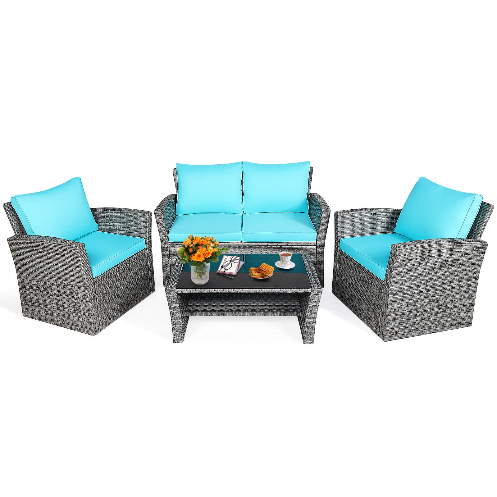 Tangkula 4-Piece All-Weather Outdoor Patio Furniture Set - Wicker Rattan Sectional Sofa with Cushions & Tempered Glass Table - Turquoise Conversation Set for Backyard, Garden, Poolside, Deck & Patio Relaxation