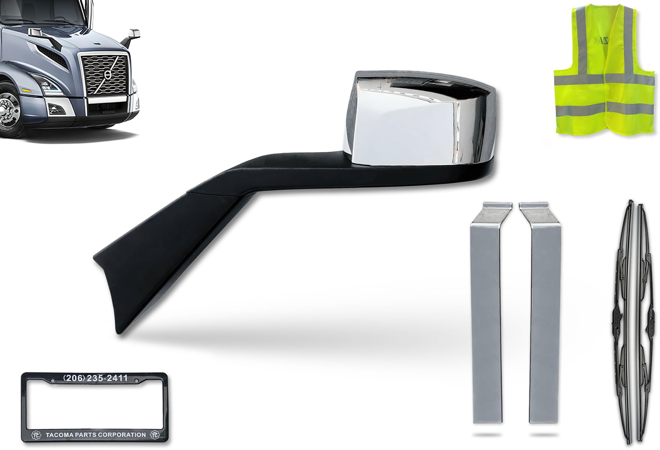 Heated Chrome Mirror & Bumper Trim Kit for Volvo VNL 2018+ - Left Driver Side Hood Mirror, Center Bumper Pair, 2 Wipers, License Plate Frame & Vest - Perfect for Long Haul Trucking & Winter Driving
