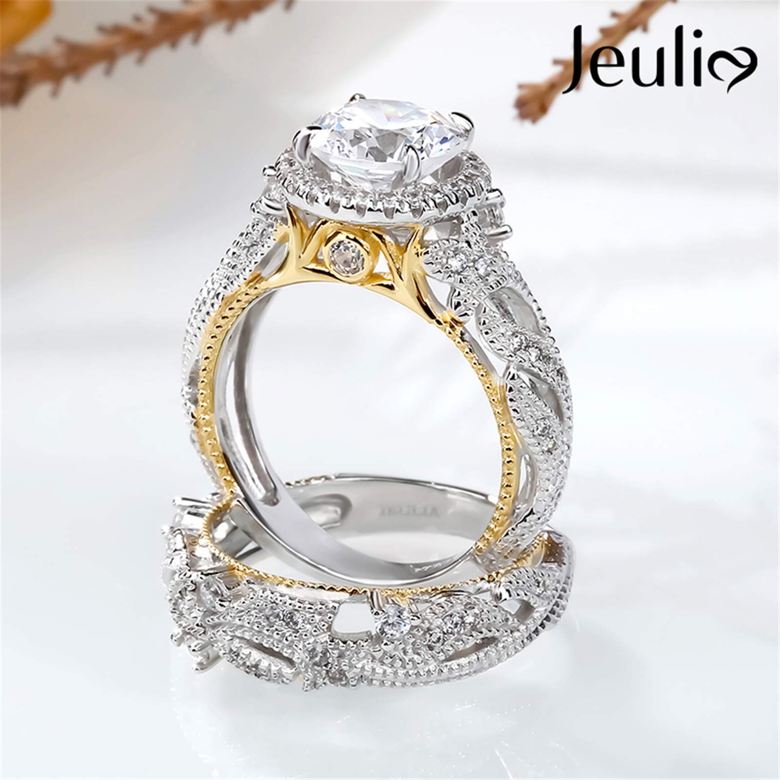 Jeulia 4 Carat Openwork Wedding Ring Set for Women - 925 Sterling Silver & Yellow Gold Halo Engagement Ring with Round Cut White Diamond & CZ Solitaire Band - Perfect for Anniversary, Promise & Bridal Jewelry Gifts