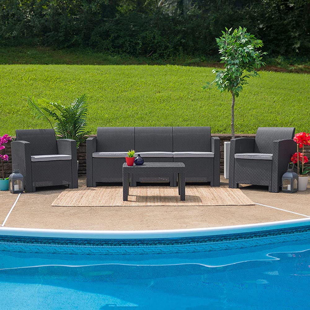 Flash Furniture Seneca Dark Gray Faux Rattan Outdoor Sofa with All-Weather Light Gray Cushions - Patio, Garden, Poolside & Deck Lounge Seating