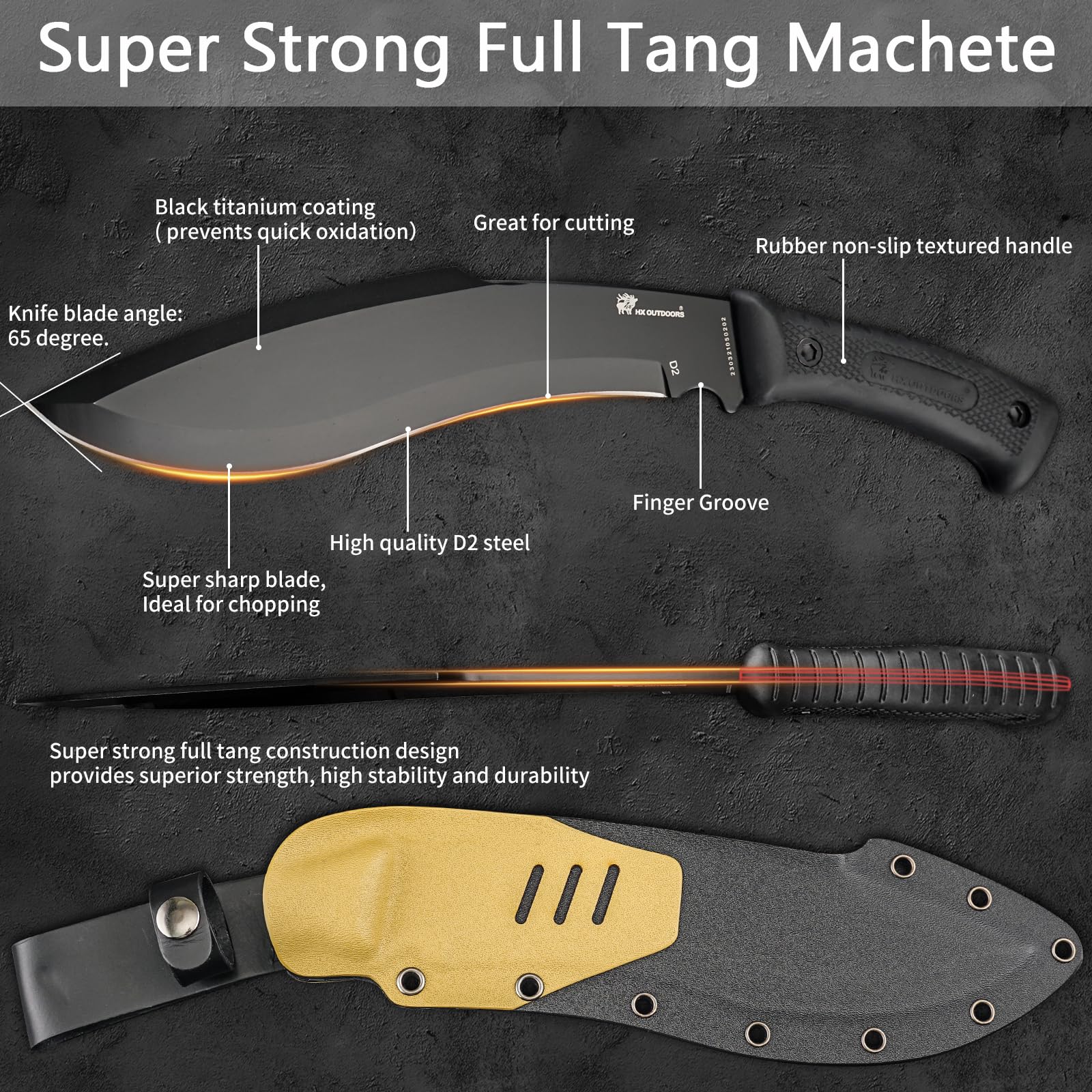 HX Outdoors 14 Inch Bush Machete Kukri Knife - Premium D2 Steel Full Tang Survival Knife with Kydex Sheath | Heavy Duty Gardening Tool for Camping, Hiking, Brush Clearing & Outdoor Adventures (Black)
