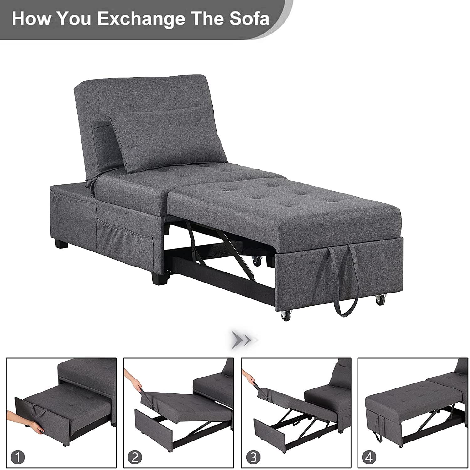 BINGTOO 4-in-1 Convertible Sleeper Sofa Chair Bed - Multi-Functional Folding Ottoman Pull Out Sleeper Couch for Living Room, Guest Room & Small Spaces - Modern Space-Saving Furniture for Apartments, Dorms & Home Offices