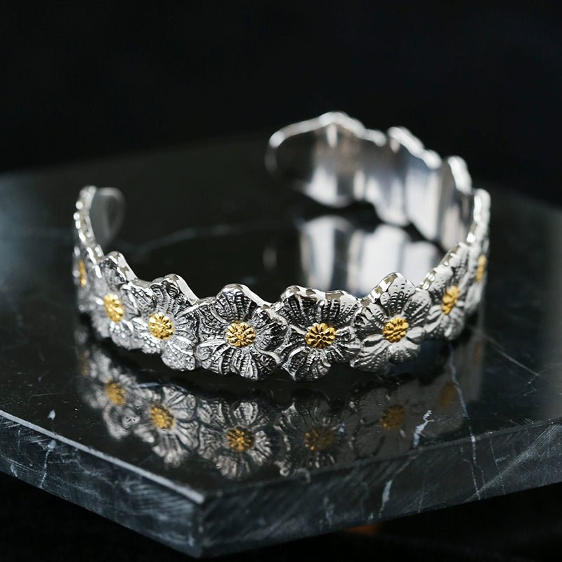 Buccellati Inspired Gardenia Flower Open Bangle Bracelet - Elegant Floral Jewelry for Women, Perfect for Weddings, Parties & Special Occasions