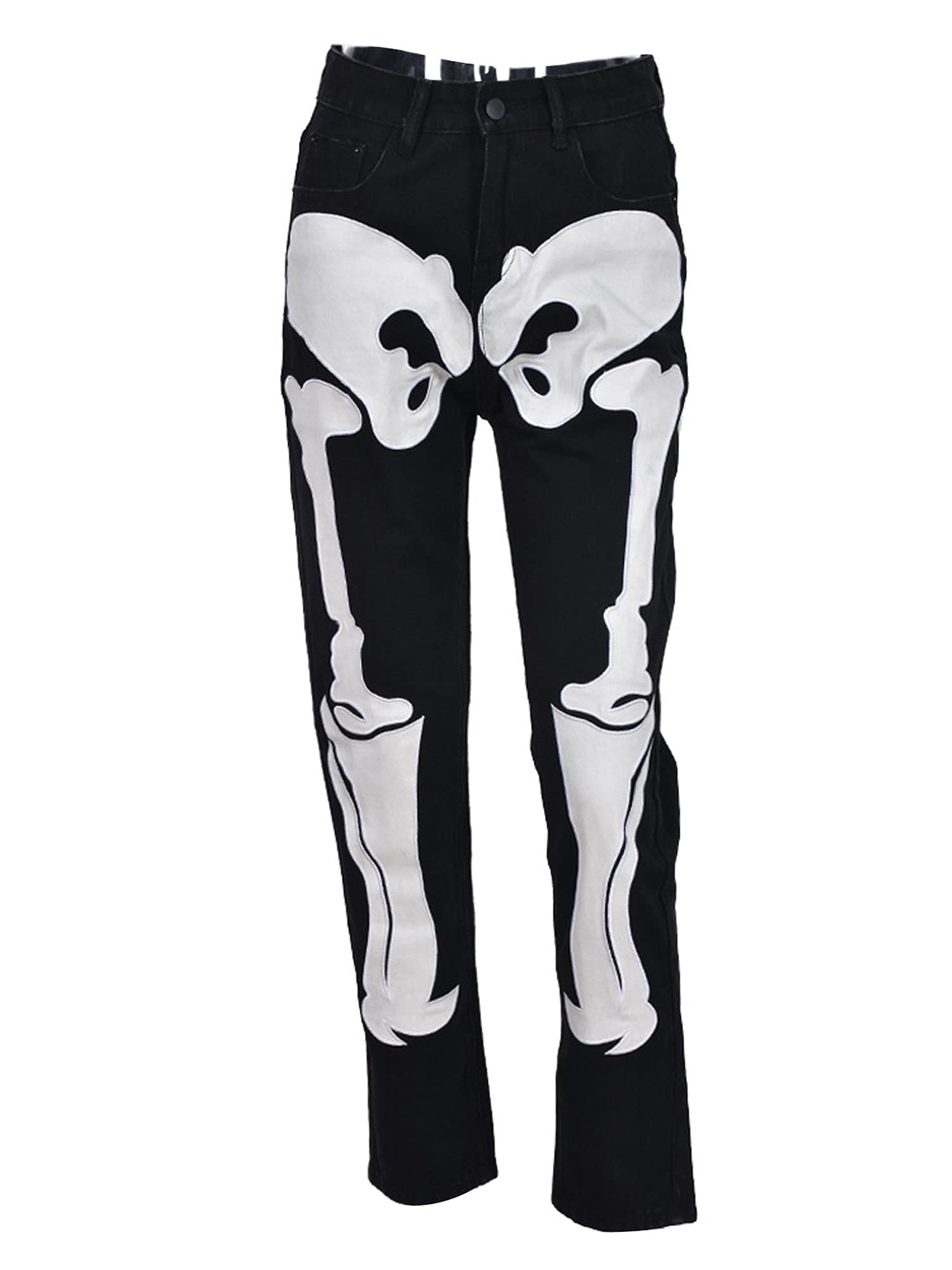 AURA Women's Halloween Skeleton Print Jeans - Black Mid-Waist Trousers with Bone Pattern | Perfect for Halloween Costumes, Cosplay, and Gothic Fashion Outfits