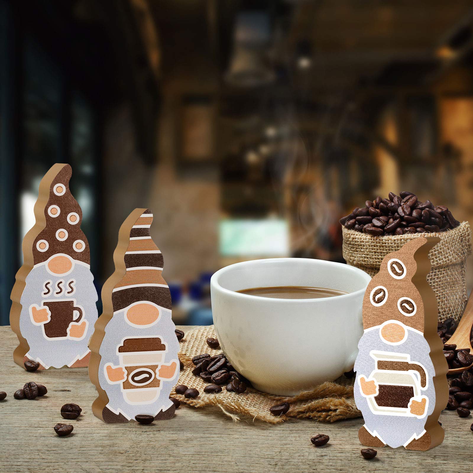 Set of 3 Wooden Coffee Gnome Decor Signs - Rustic Farmhouse Kitchen Decorations for Coffee Station, Tiered Tray & Scandinavian Home - Perfect Gift for Coffee Lovers (Classic Style) | Ideal for Coffee Bars, Kitchens & Gift Giving