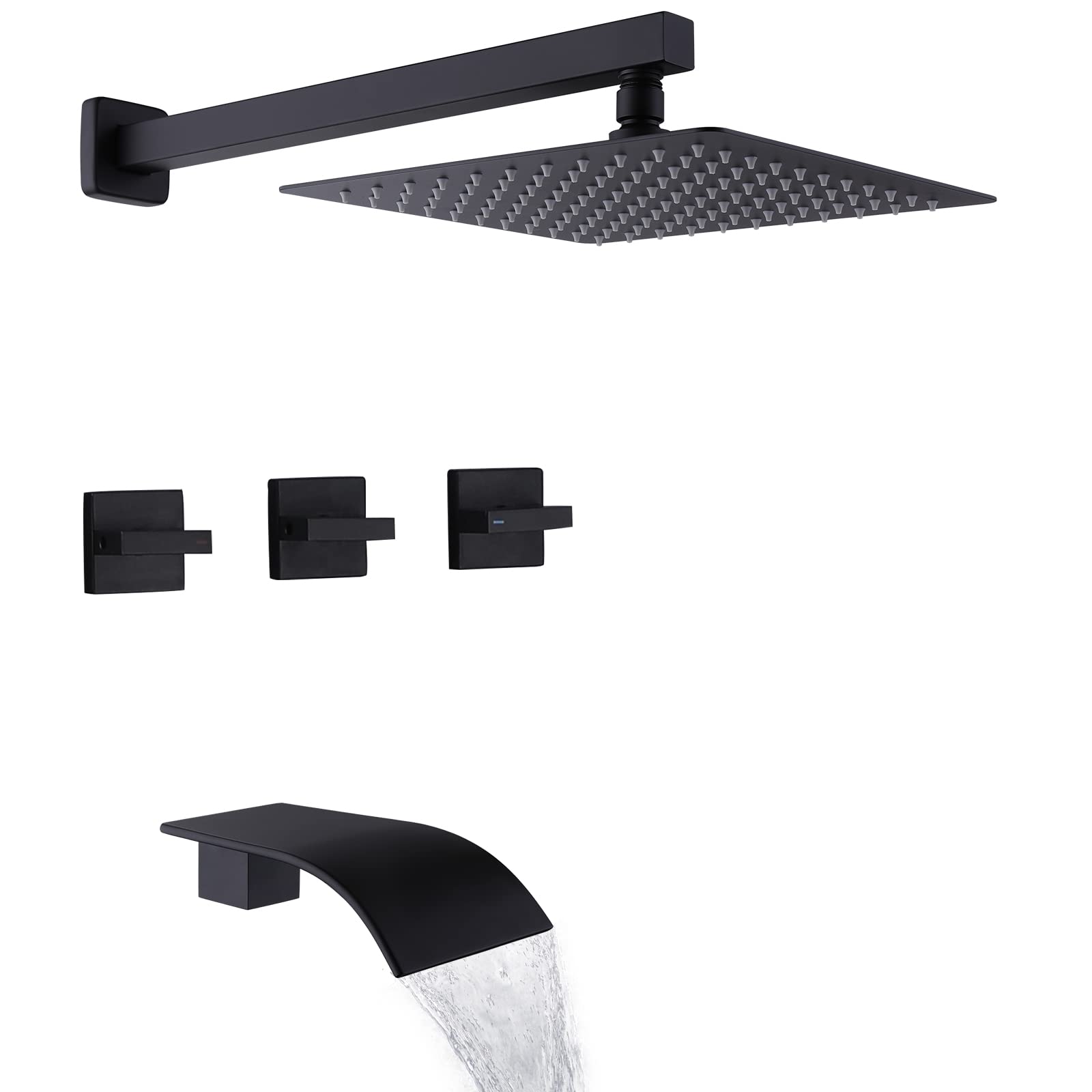 3-Handle Wall Mounted Tub Shower Faucet Set with Waterfall Spout & Valve Trim Kit in Matte Black - Perfect for Modern Bathroom Renovations and Spa-Like Showers