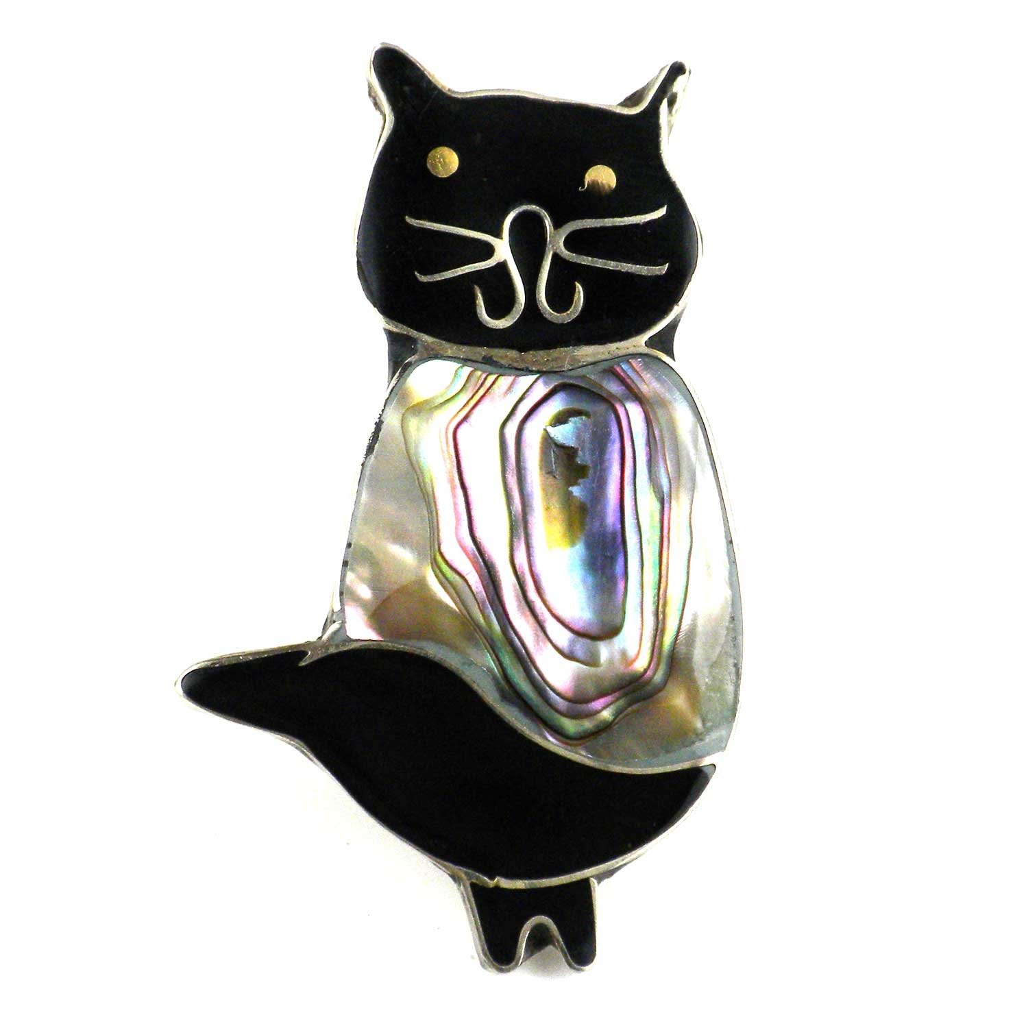 Handmade Alpaca Silver Abalone Cat Brooch Pin - Unique Peruvian Artisan Jewelry Gift for Women, Perfect for Casual Wear, Special Occasions & Collectors