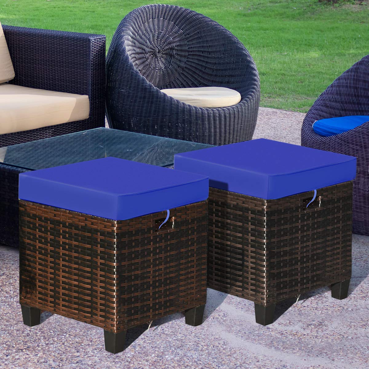 2PCS Rattan Wicker Ottoman Set with Removable Cushions - Patio Footstool Footrest Seat for Outdoor Living, Garden, Backyard & Home Decor (Navy) - Perfect for Relaxing, Entertaining & Adding Boho Style to Your Space