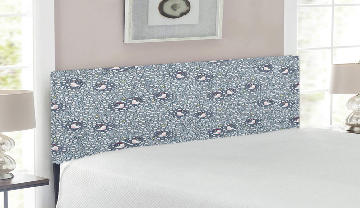 Ambesonne Winter Headboard - Doodle Style Bullfinch Birds with Christmas Hats & Snow - Upholstered Decorative Metal Bed Headboard with Memory Foam - Queen Size - Pale Grey Multicolor - Perfect for Holiday Bedroom Decor & Cozy Winter Nights