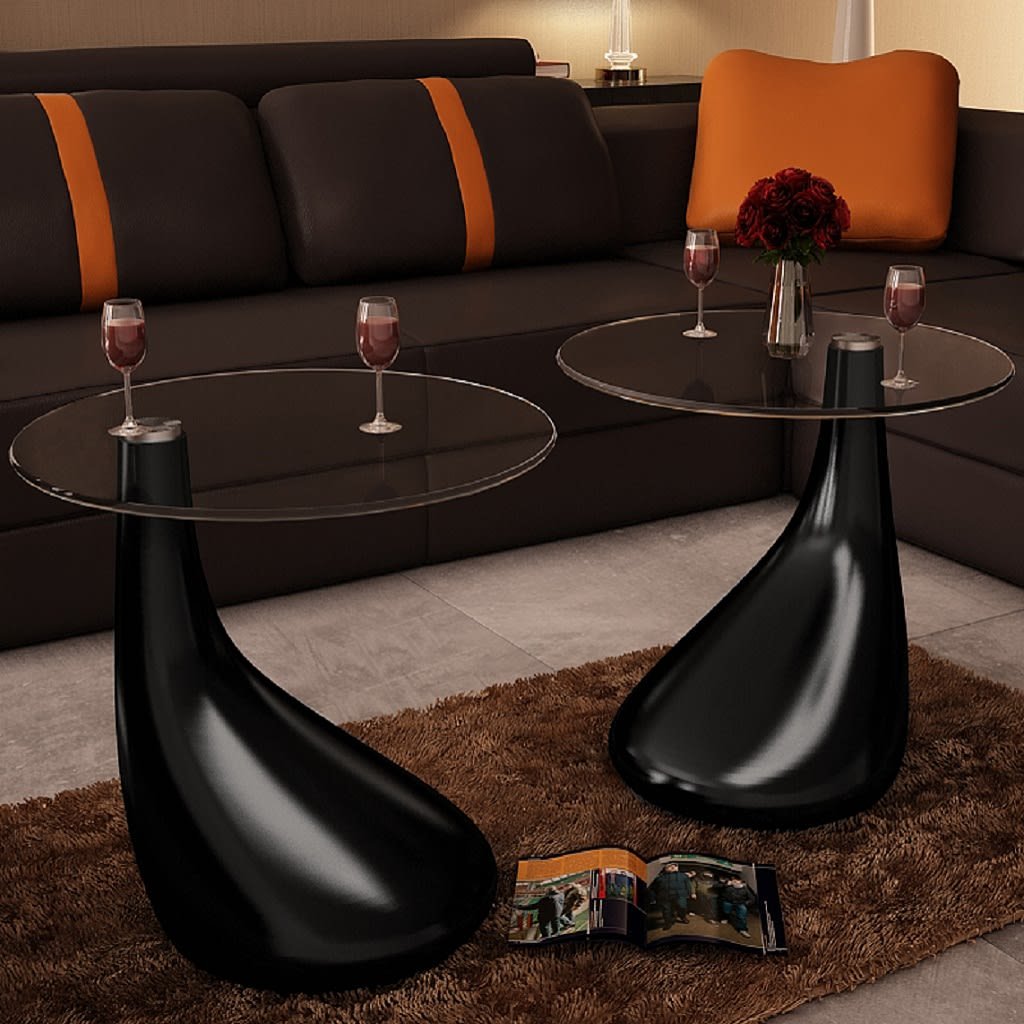 Modern High Gloss Round Glass Coffee Table Set of 2 - White & Black End Tables for Living Room, Bedroom, or Office - Fast Shipping