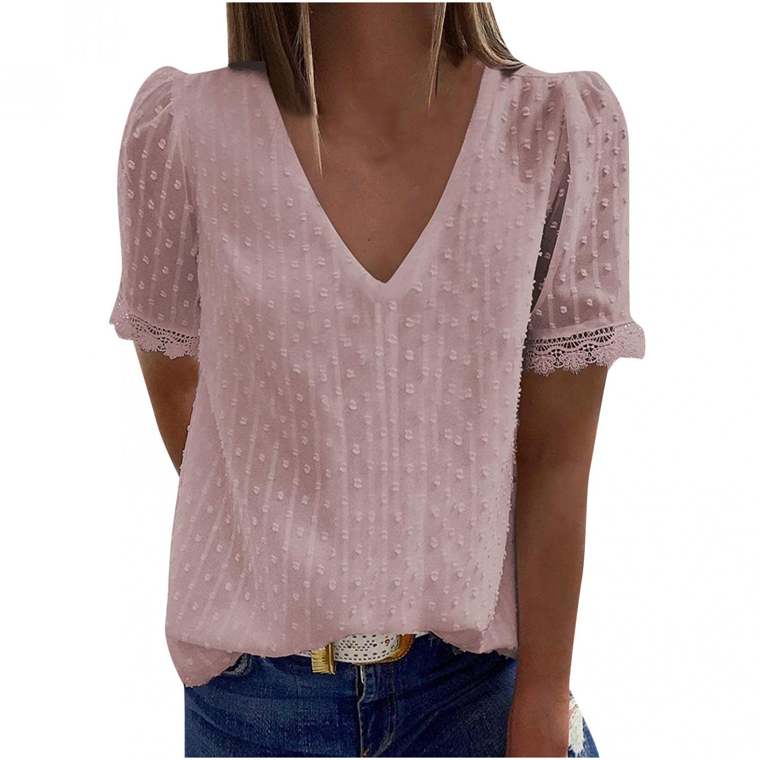 Women's V-Neck White Lace Short Sleeve T-Shirt - Polka Dot Tunic Blouse for Work | Office Wear, Casual Outfits & Summer Fashion