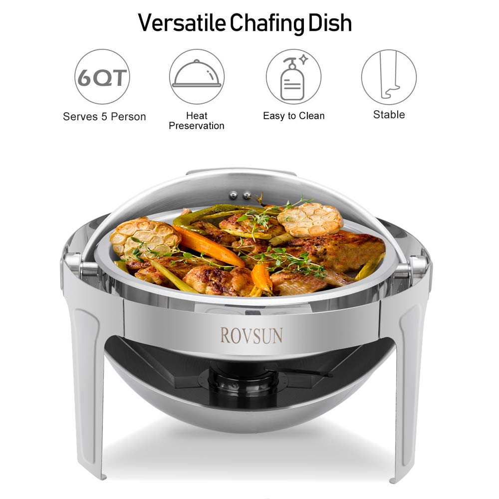 ROVSUN 6 Quart Stainless Steel Chafing Dish Buffet Set - NSF Certified Roll Top Chafer with Food Pan, Water Pan & Fuel Holders - Perfect for Weddings, Parties, Banquets & Catering Events - Keep Food Warm at Buffets, Events & Large Gatherings