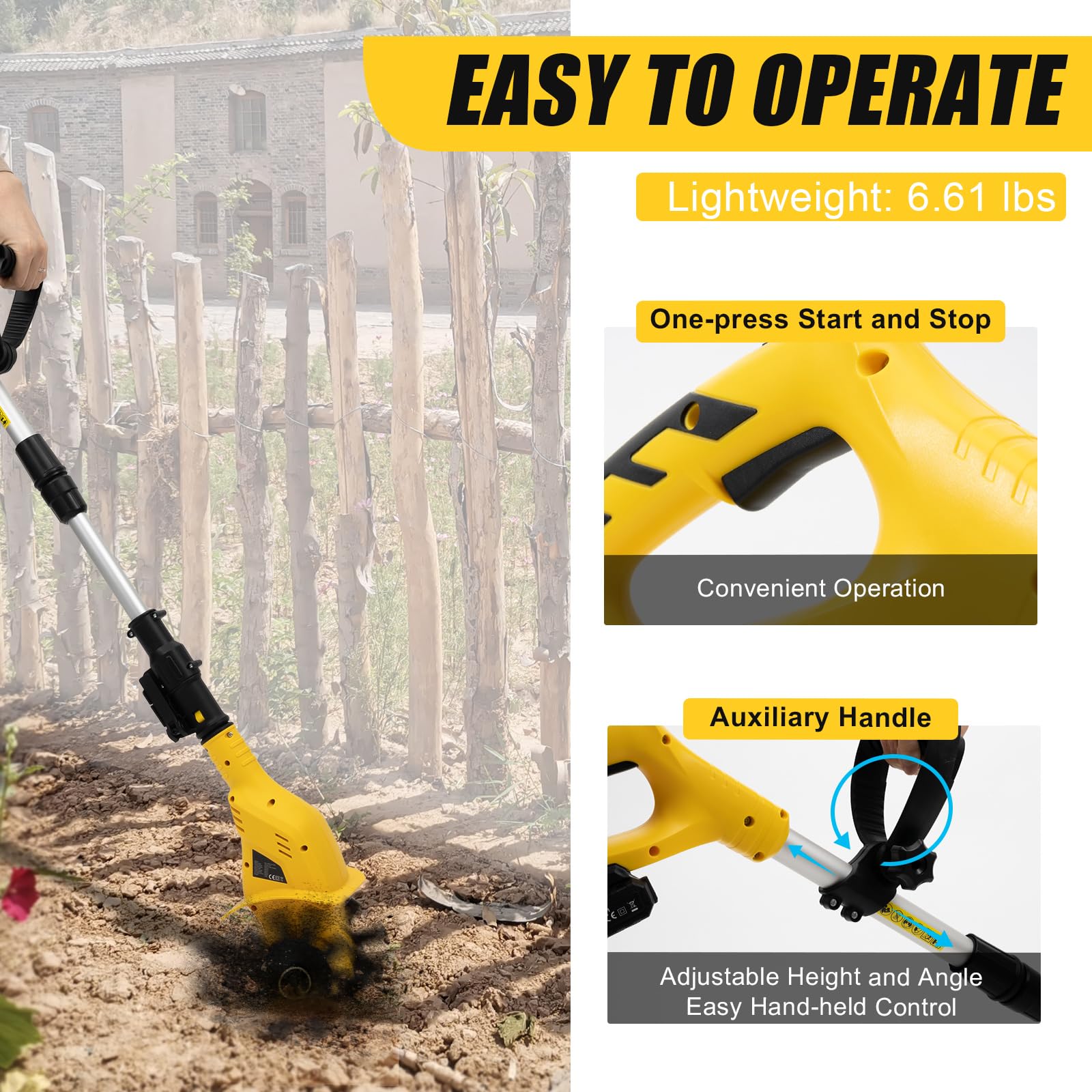 20V Cordless Electric Garden Tiller Cultivator with Steel Tines - Battery Powered Handheld Mini Tiller for Gardening - 3-4FT Adjustable Pole, 6.3
