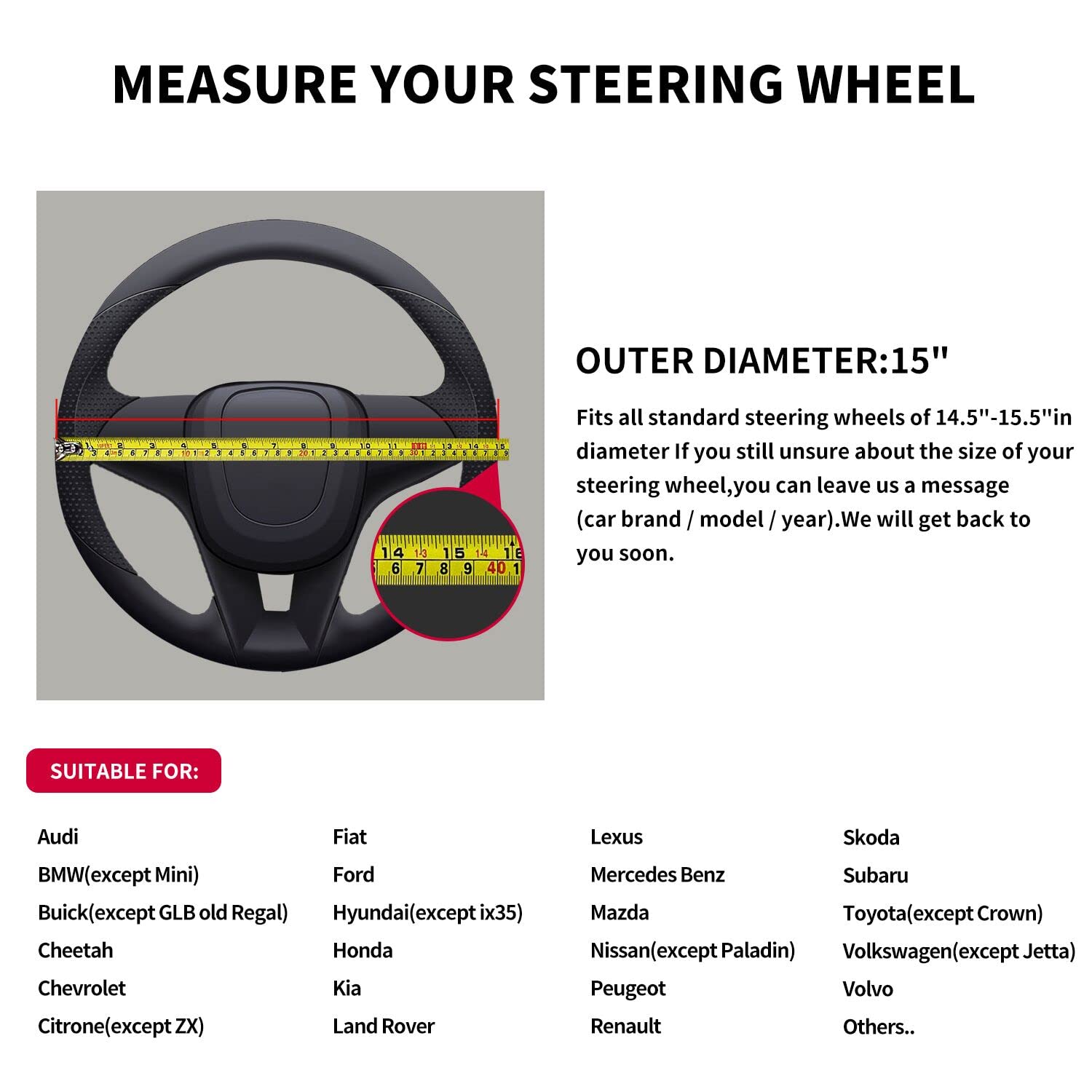 Universal 15 Inch Leather Steering Wheel Cover - Non-Slip Sport Grip for Enhanced Driving Control (Black) | Perfect for Cars, Trucks & SUVs - Improves Comfort & Safety During Long Drives