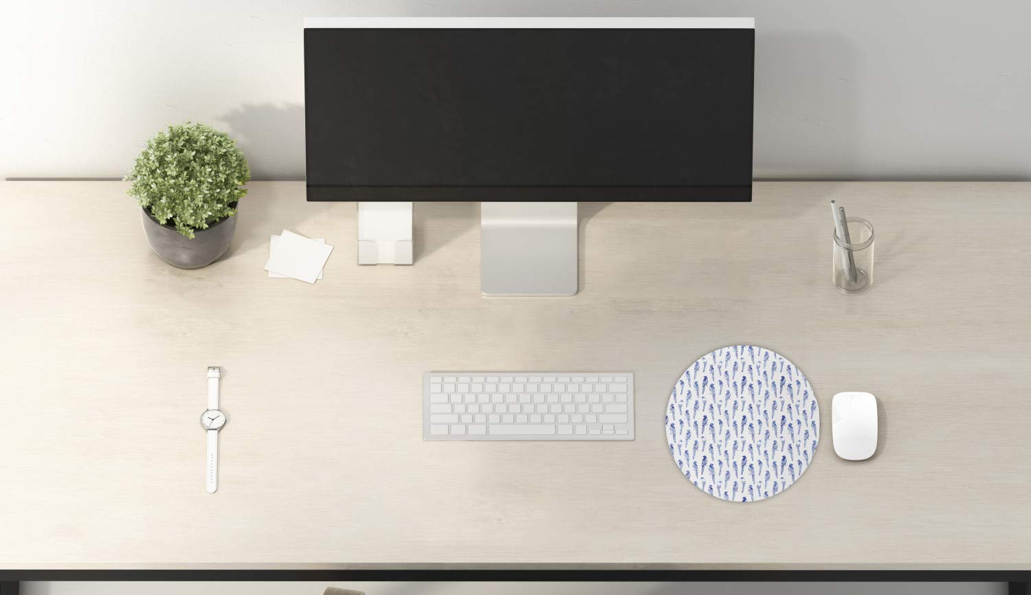 Ambesonne Round Non-Slip Gaming Mouse Pad - 8 Inch Woodland Birds & Sparrows Design - Thick Rubber Computer Mousepad for PC, Laptop, Office & Home Use - Ceil Blue and White Pattern - Perfect for Work, Gaming & Decor