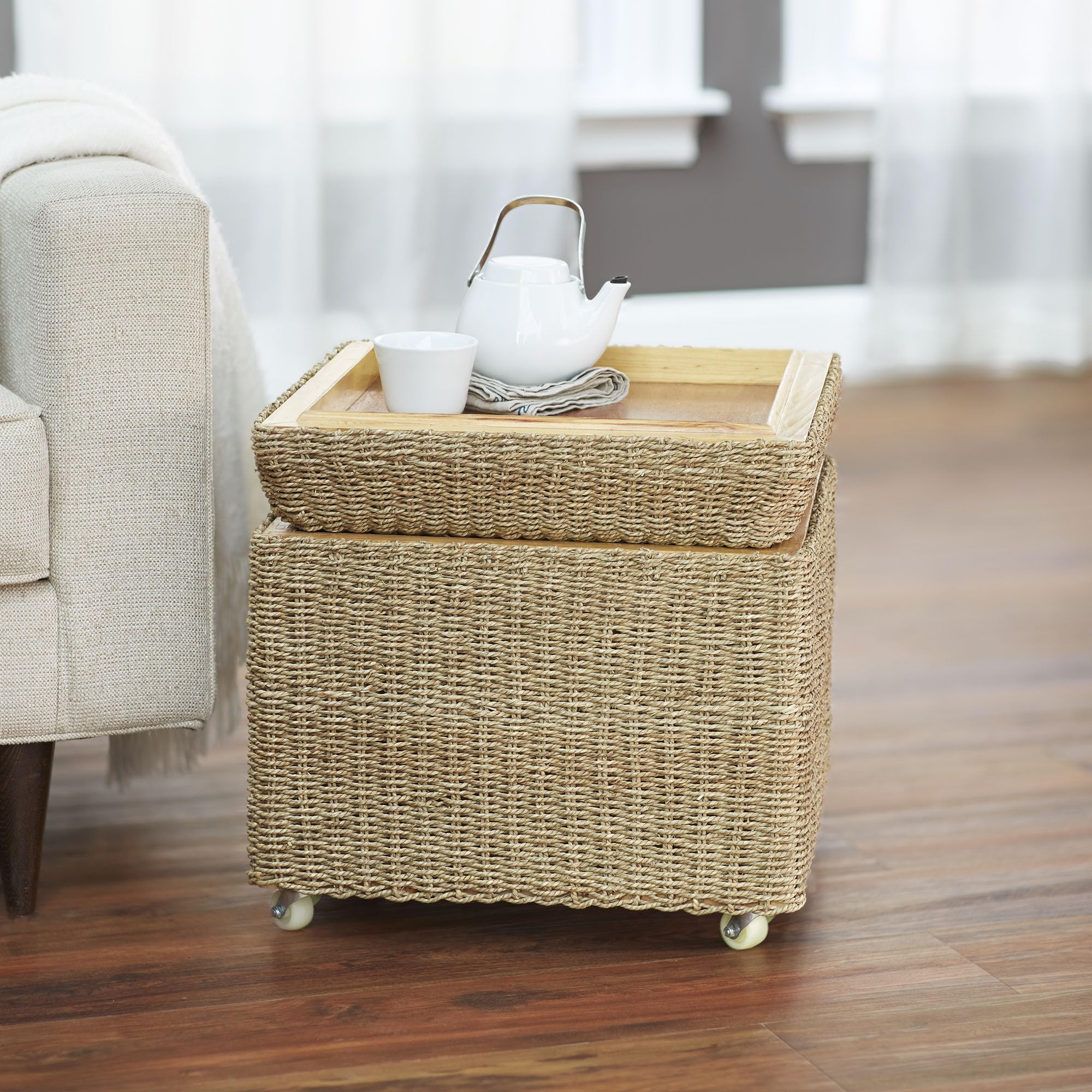 Seagrass Wicker Storage Bench with Wheels - Rolling Storage Ottoman for Living Room, Bedroom & Entryway - Natural Woven Basket Seat with Lid for Blankets, Toys & Home Organization