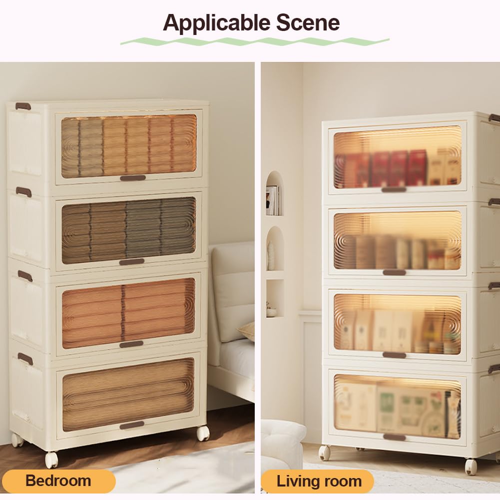Stackable Clear Plastic Storage Bins with Magnetic Doors & Lids - Foldable Organizer Box for Clothes, Snacks, Books - Perfect for Closet, Nursery, Office & Home Organization