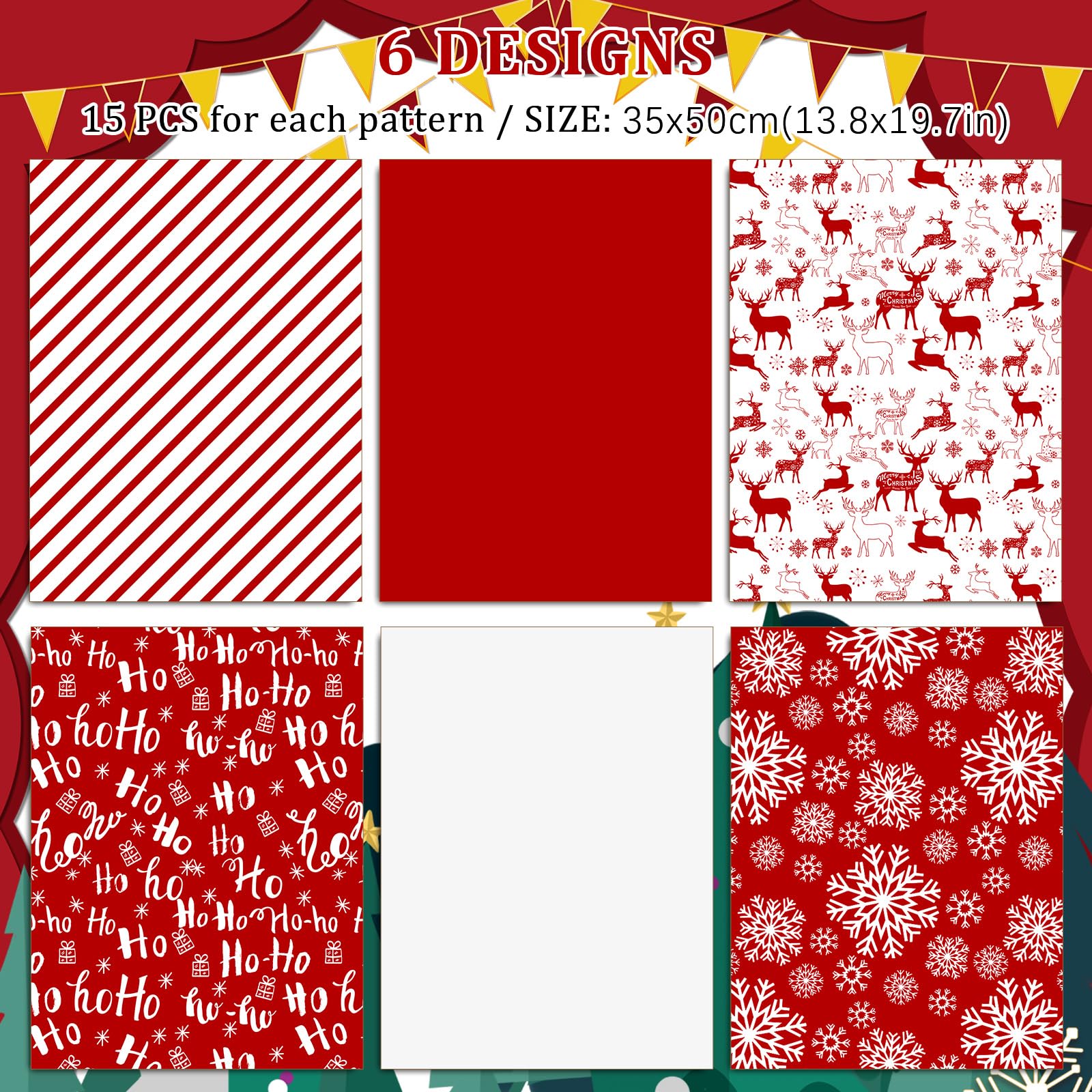 Premium Christmas Tissue Paper - Red Snowflake Reindeer Stripe Holiday Wrapping Paper 19.7