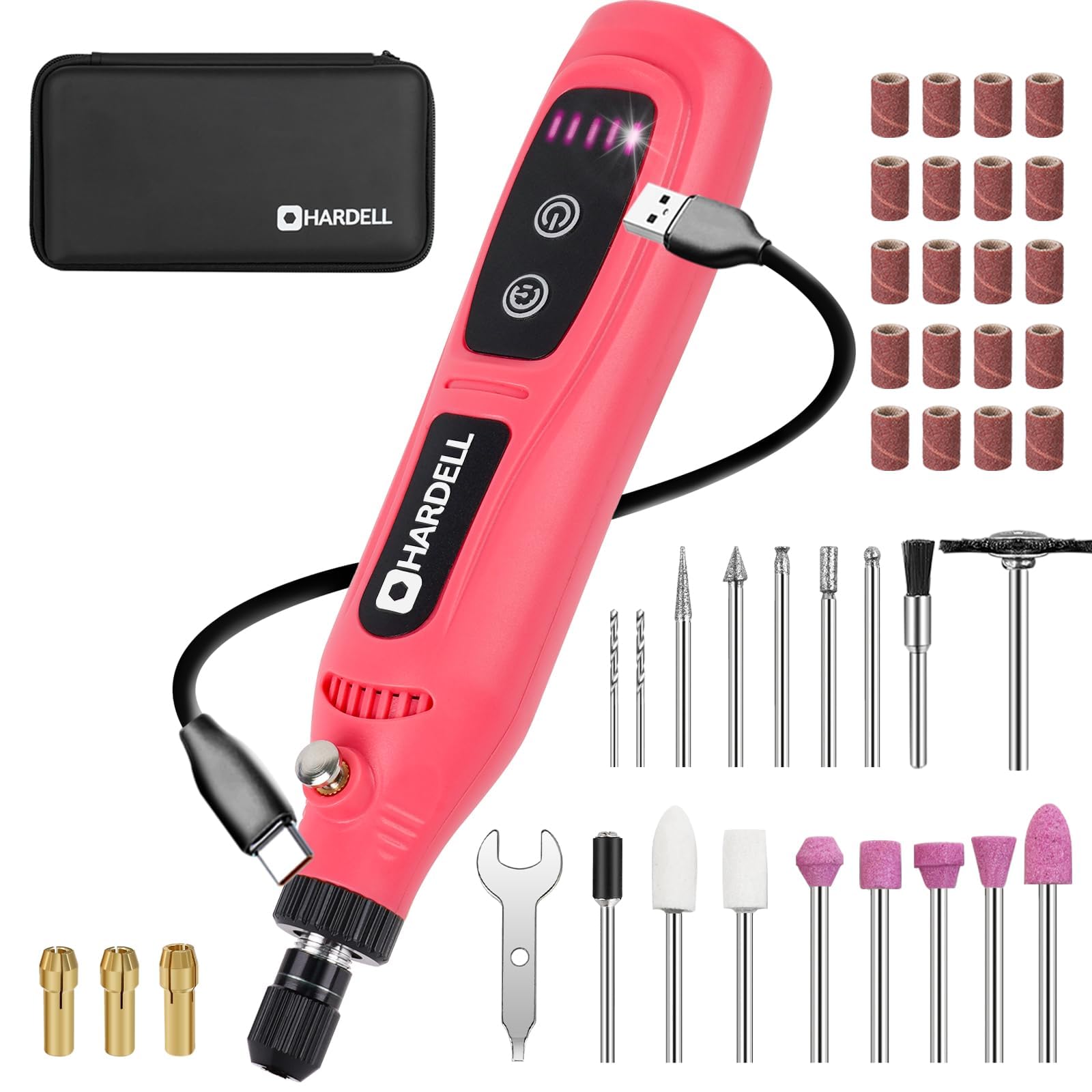 HARDELL Mini Cordless Rotary Tool Kit - 5-Speed with 43 Accessories, USB Type-C Charging for Engraving, Sanding, Polishing, Drilling & Grinding | Perfect for DIY Crafts, Jewelry Making, Wood Carving & Home Repairs (Pink)