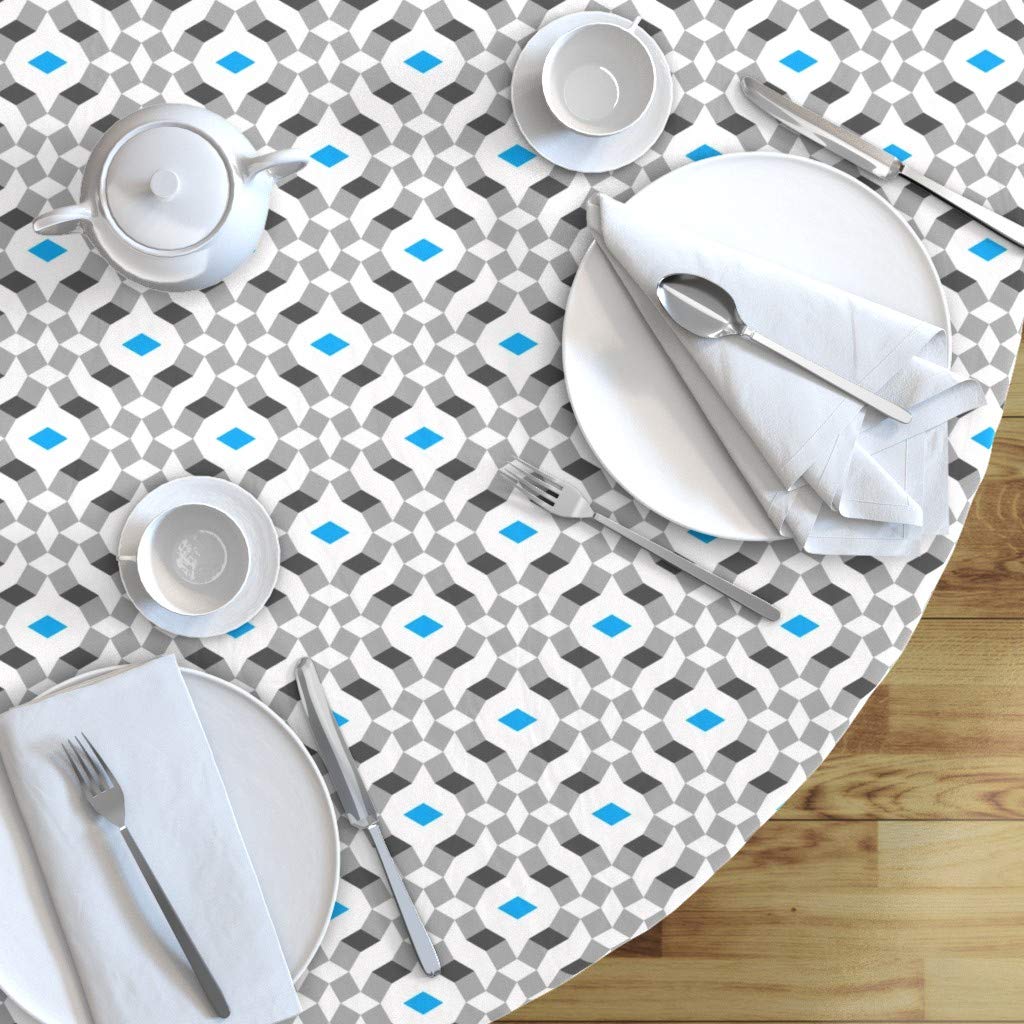 Custom Diamond Mid-Century Cyan Taupe Geometric Print Cotton Sateen Tablecloth 90