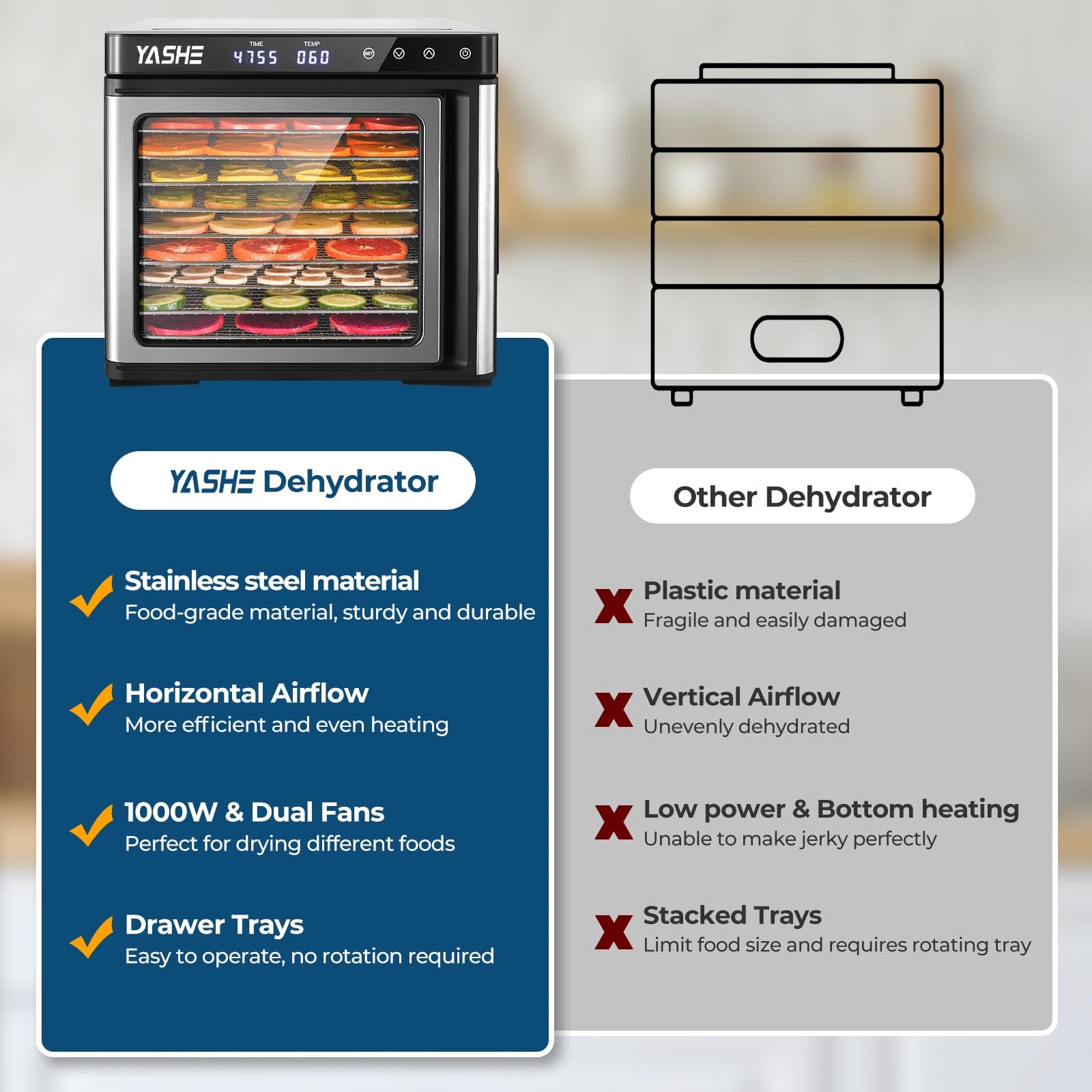 YASHE 9-Tray Stainless Steel Food Dehydrator - 1000W Electric Food Dryer with Adjustable Timer & Temperature Control for Jerky, Fruits, Herbs - Includes Recipes - Perfect for Home Kitchen, Camping & Healthy Snacks