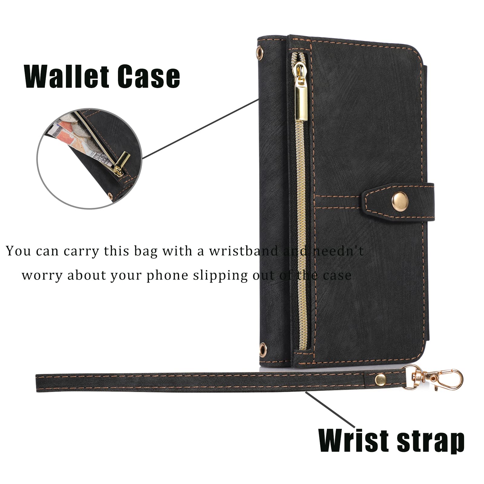 Premium Zipper Leather Wallet Case for iPhone 13 (6.1 Inch) with Wrist Strap - RFID Blocking Flip Cover Phone Case for Women & Men - Perfect for Travel, Shopping & Everyday Use (Black)