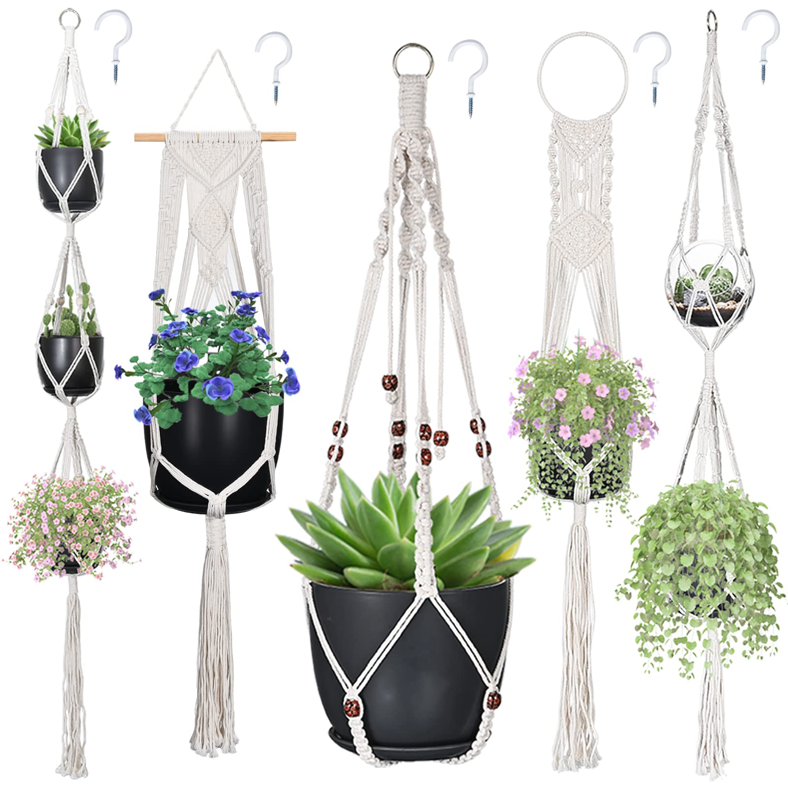 Macrame Plant Hangers Set of 5 with Hooks - Beige Boho Hanging Planters for Indoor & Outdoor Decor (5 Sizes, Multi-Tier) - Perfect for Living Room, Bedroom, Balcony & Garden Plant Display