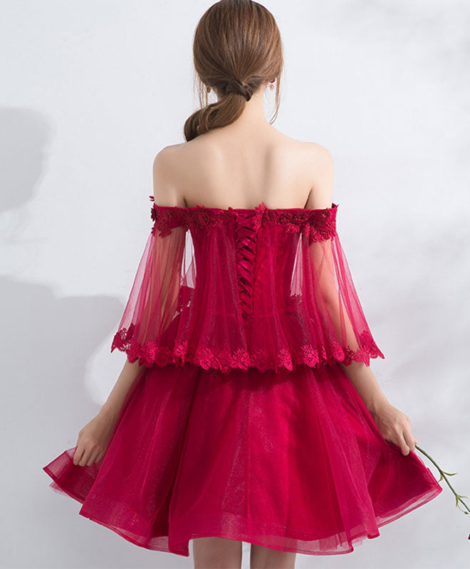 Elegant Burgundy Off Shoulder Tulle Lace Short Prom Dress for Homecoming, Party, and Special Occasions - Perfect for Dances, Weddings, and Formal Events