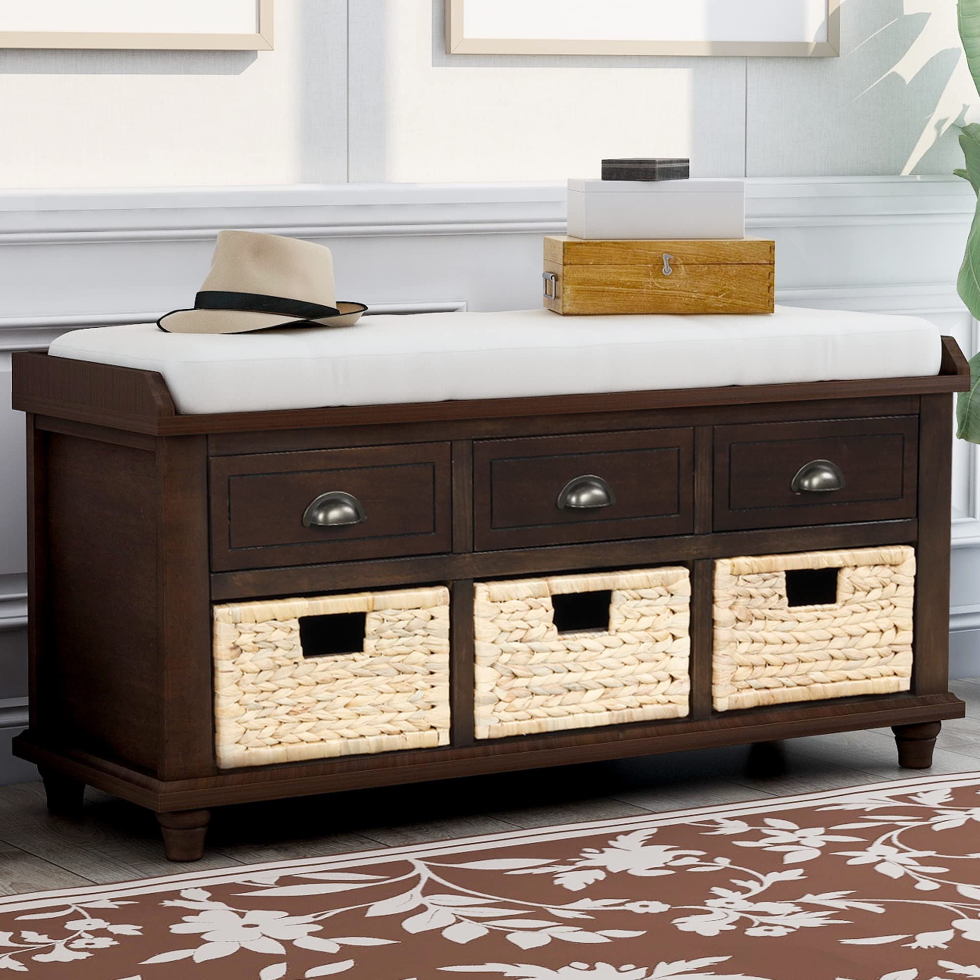 Rustic Wood Storage Bench with 3 Drawers & Baskets - Entryway, Bedroom, Living Room