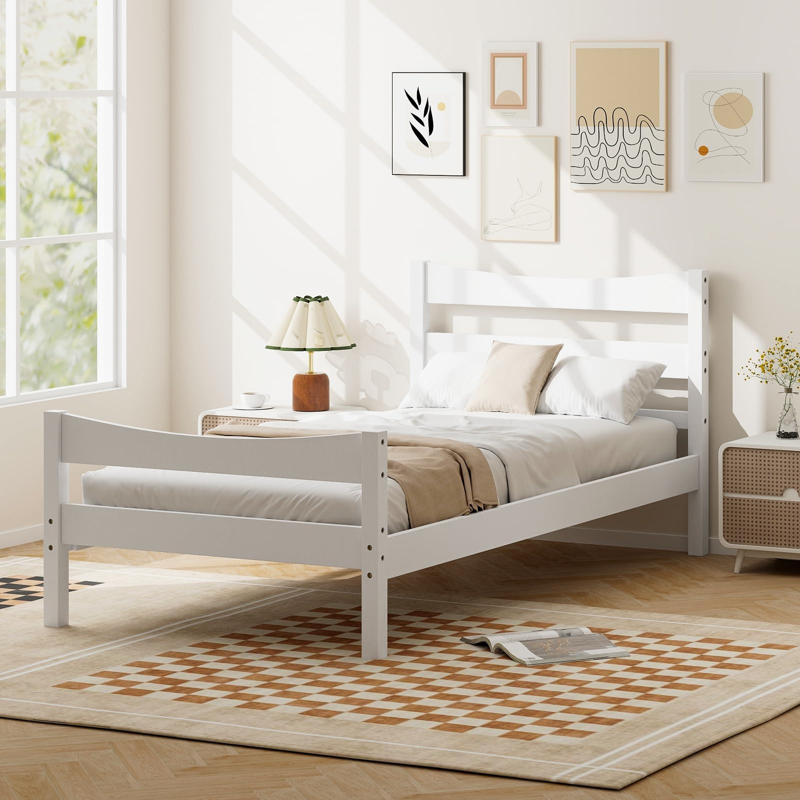 Giantex Solid Wood Twin Bed Frame with Headboard & Footboard - Modern White Platform Bed, No Box Spring Needed, Sturdy Wood Slat Support - Perfect for Kids Bedroom, Guest Room & Small Spaces