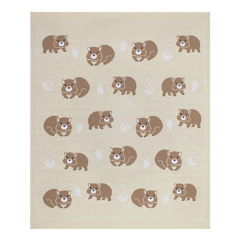 Soft Cotton Knit Australiana Baby Blanket - Adorable Fawn Wombat Design | Perfect for Nursery, Stroller & Gift Giving