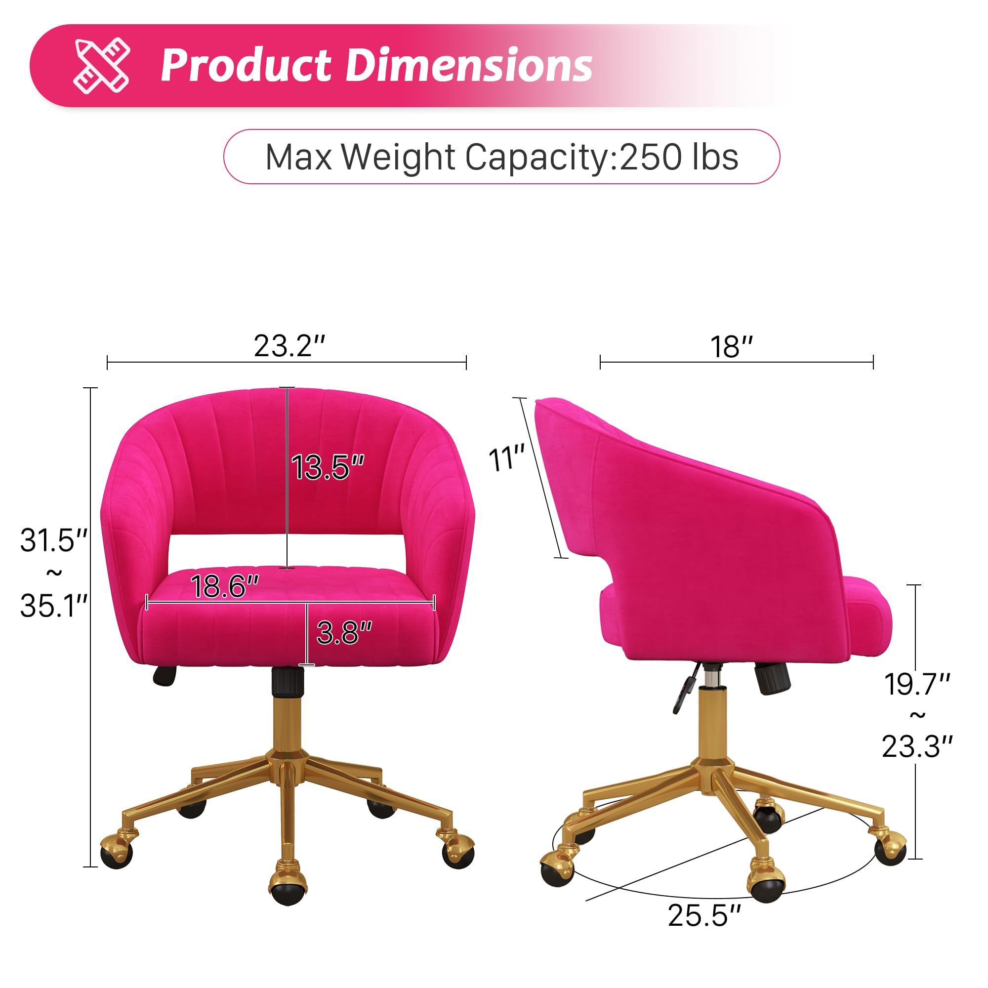 Luxury Velvet Swivel Office Chair with Gold Base - Ergonomic Tufted Desk Chair for Women & Girls, Modern Accent Armchair for Home Office, Study, Computer Work & Living Room (Hot Pink) - Comfortable & Stylish Seating Solution